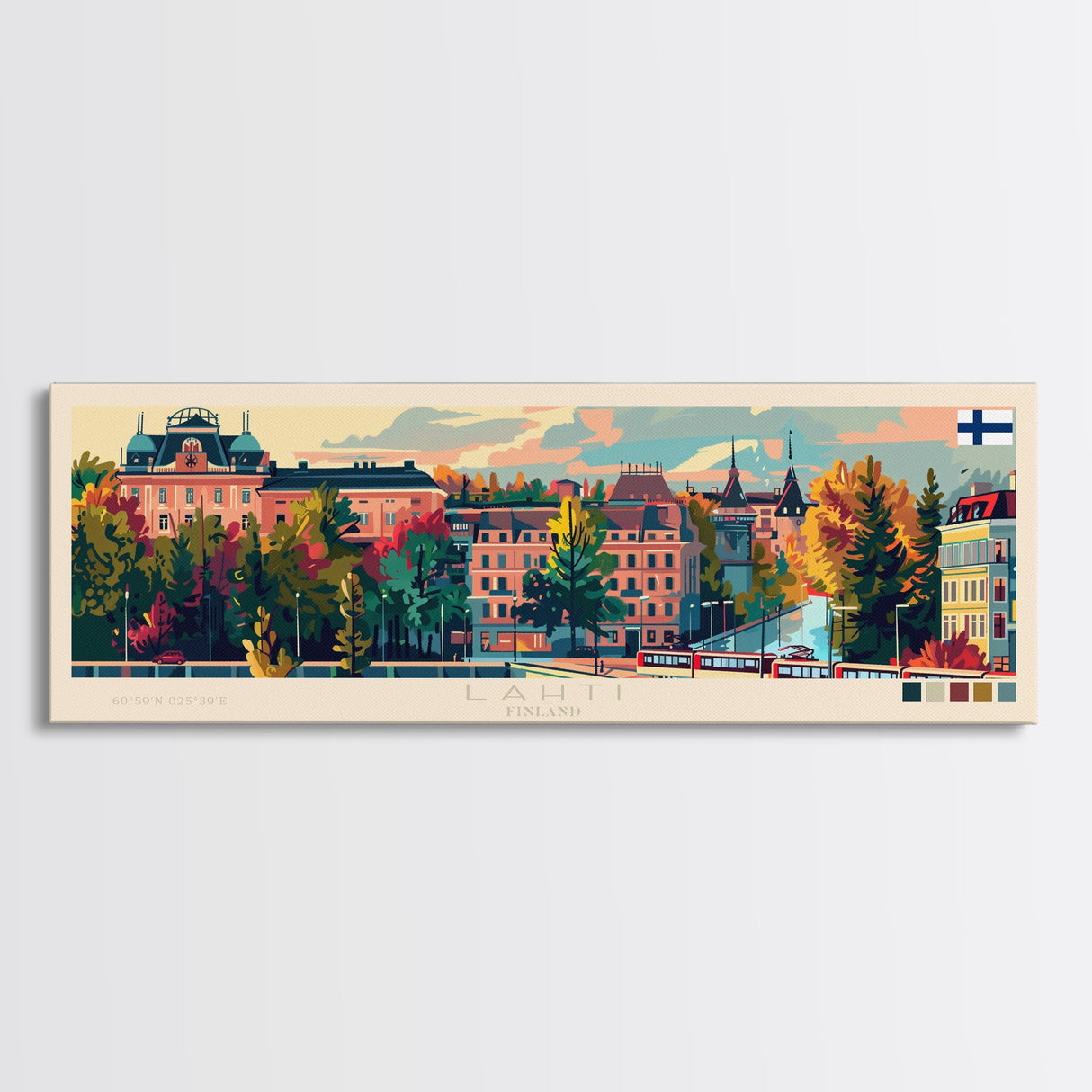 Lahti Finland Panoramic Travel Poster, Framed Canvas Print or Metal Wall Art, Travel Art, Home Decor, Panoramic Painting, Midcentury Art