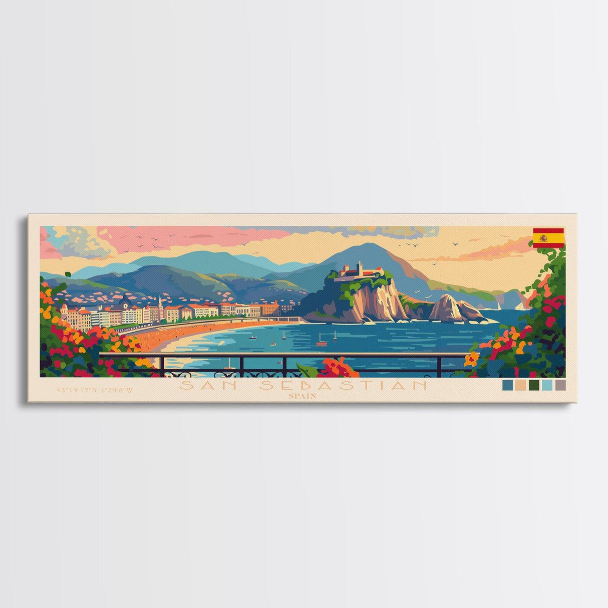 San Sebastian Spain Panoramic Travel Poster, Framed Canvas Print or Metal Wall Art, Travel Art, Home Decor, Panoramic Painting, Midcentury Art