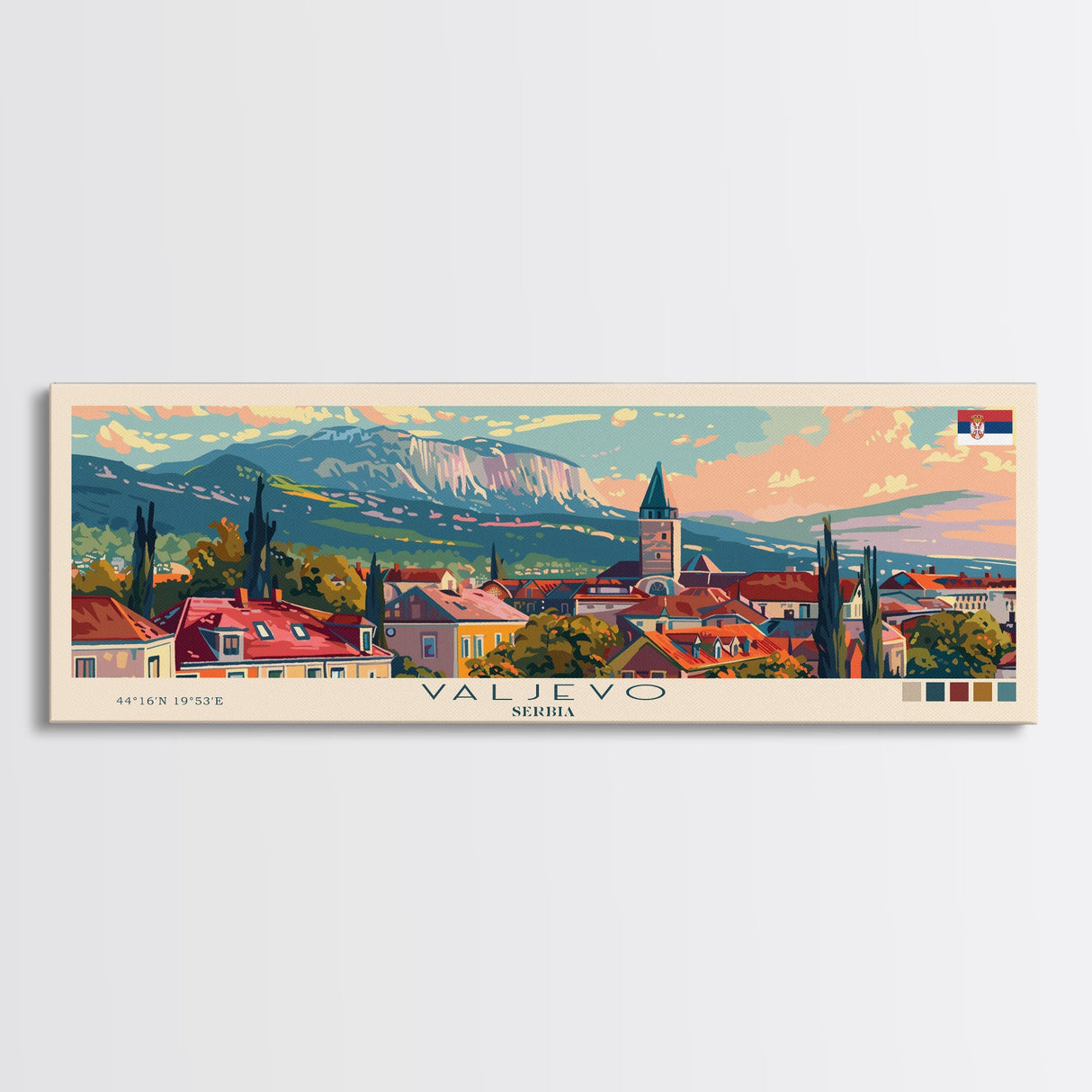 Valjevo Serbia Panoramic Travel Poster, Framed Canvas Print or Metal Wall Art, Travel Art, Home Decor, Panoramic Painting, Midcentury Art