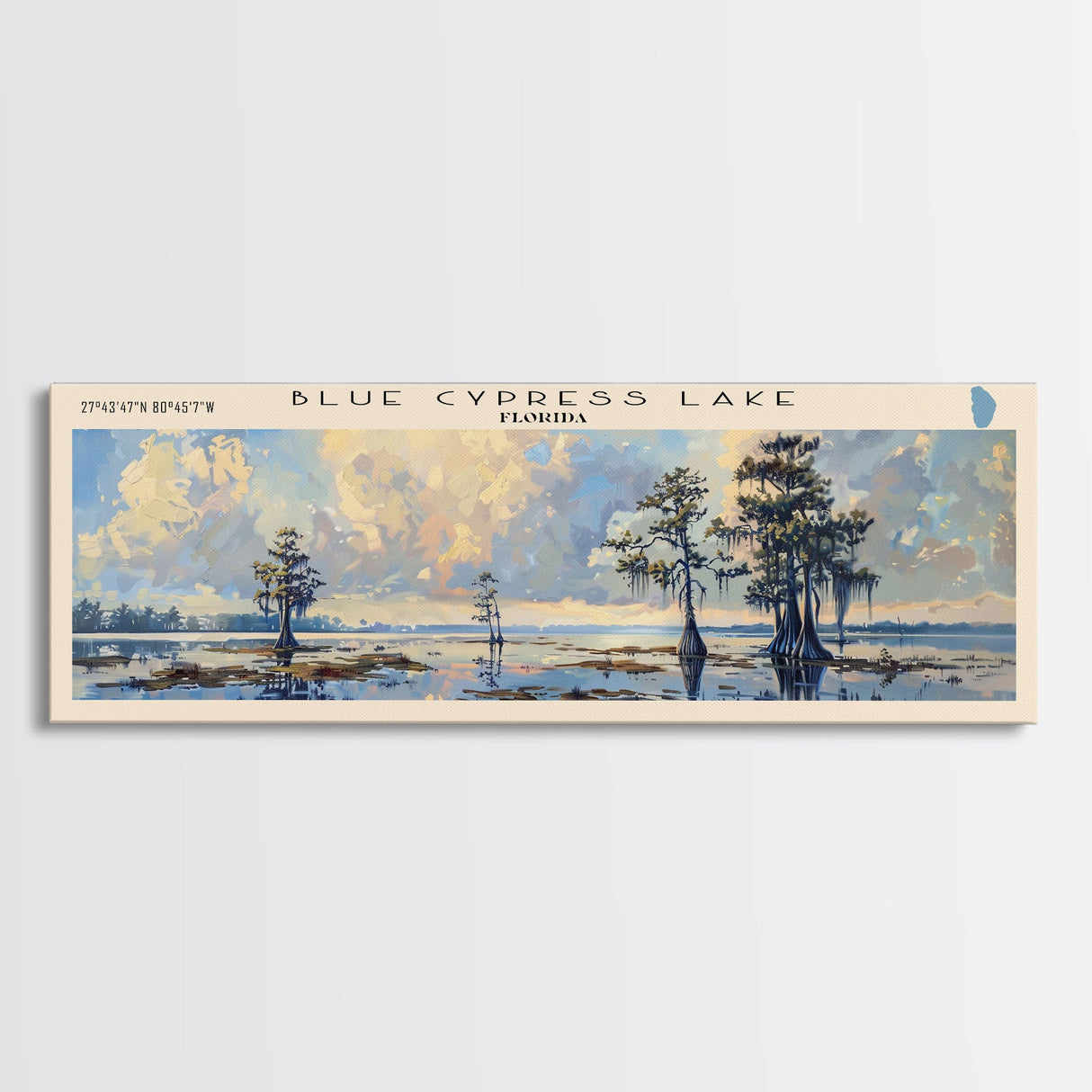 Blue Cypress Lake Florida Framed Canvas Print, Lake House Art, Panoramic Scenic View, Travel Poster, Modern Decor, Lake Painting