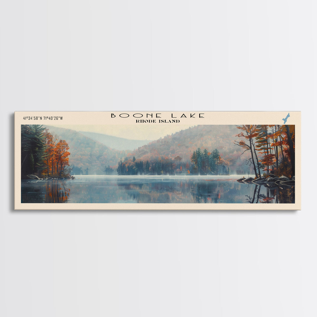 Boone Lake Rhode Island Framed Canvas Print, Panoramic Lake House Decor, Scenic View, Travel Poster, Rustic Art, Lake Painting