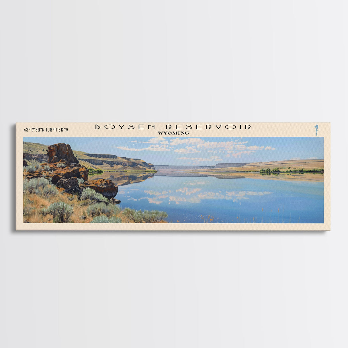 Boysen Reservoir Wyoming Framed Canvas Print, Lake House Art, Panoramic Wall Art, Travel Poster, Minimalist Lake Painting, Home Decor