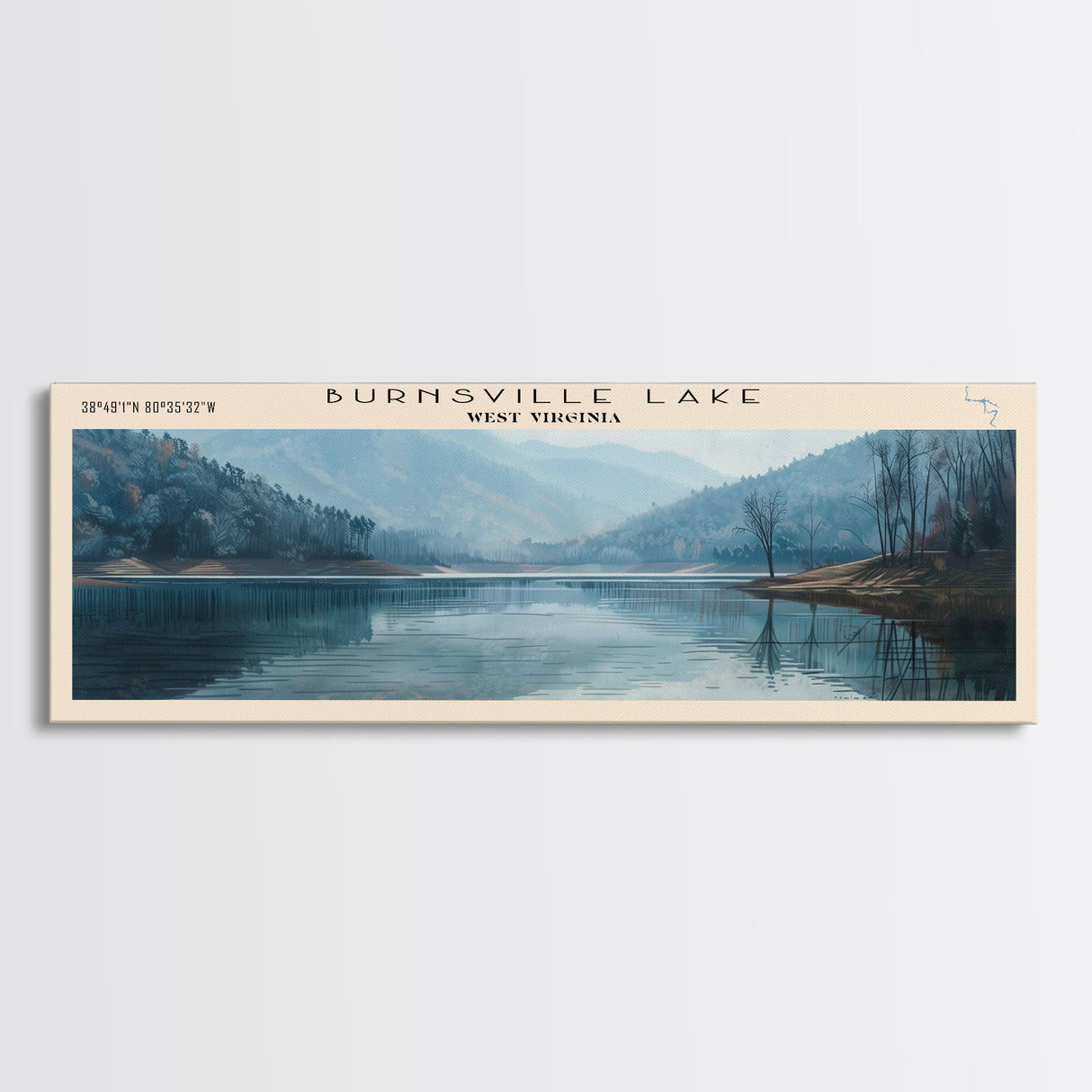 Burnsville Lake West Virginia Framed Canvas Print, Panoramic Lake House Decor, Wall Art, Travel Poster, Modern Lake Painting, Nature Art