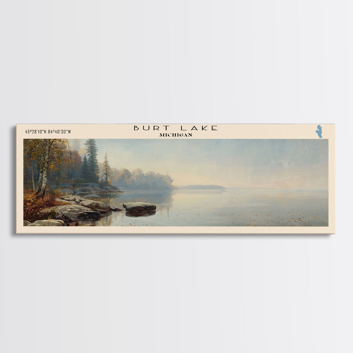 Burt Lake Michigan Framed Canvas Print, Panoramic Lake House Decor, Wall Art, Travel Poster, Rustic Lake Painting, Nature Art