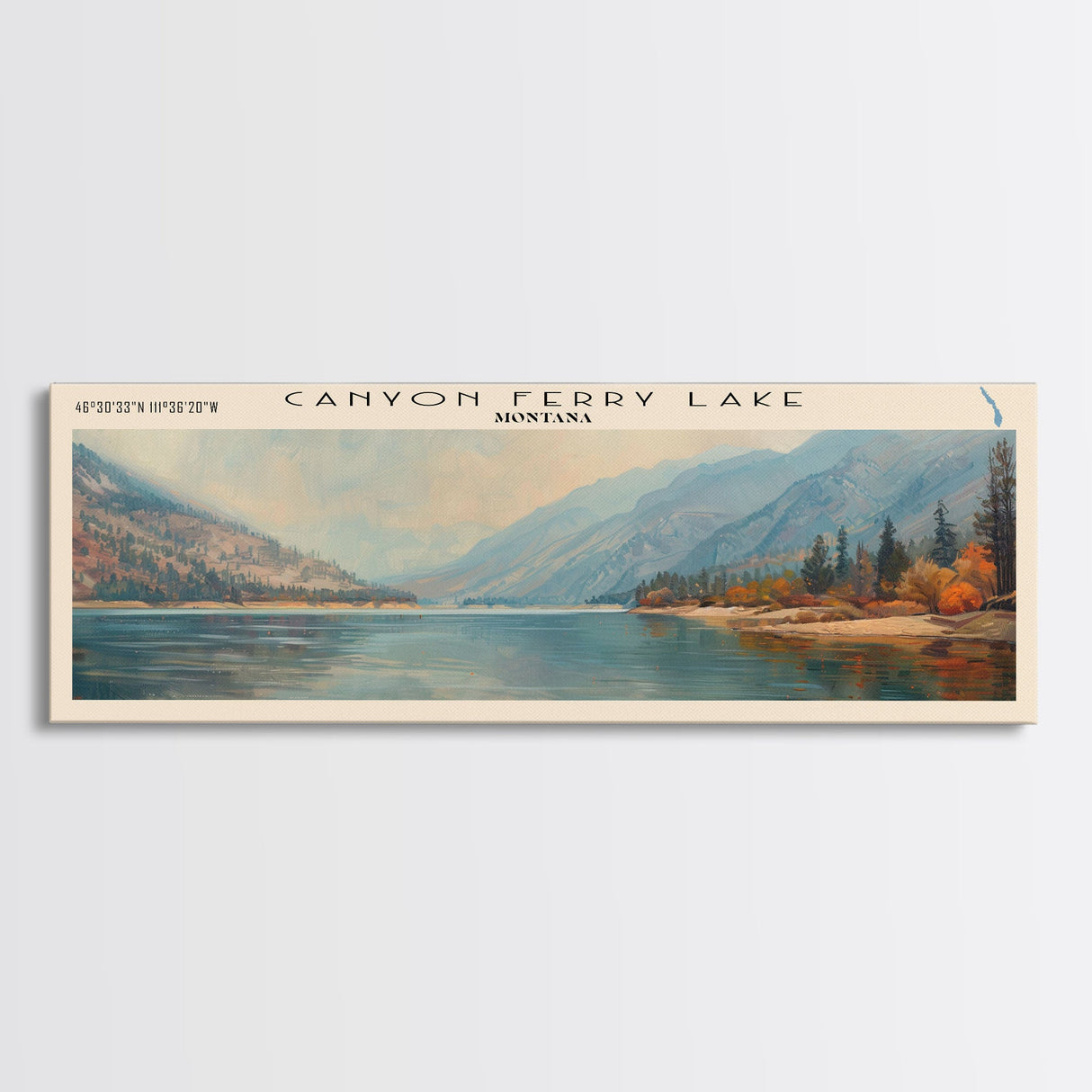 Canyon Ferry Lake Montana Framed Canvas Print, Lake House Art, Panoramic Wall Art, Travel Poster, Rustic Lake Painting, Nature Art