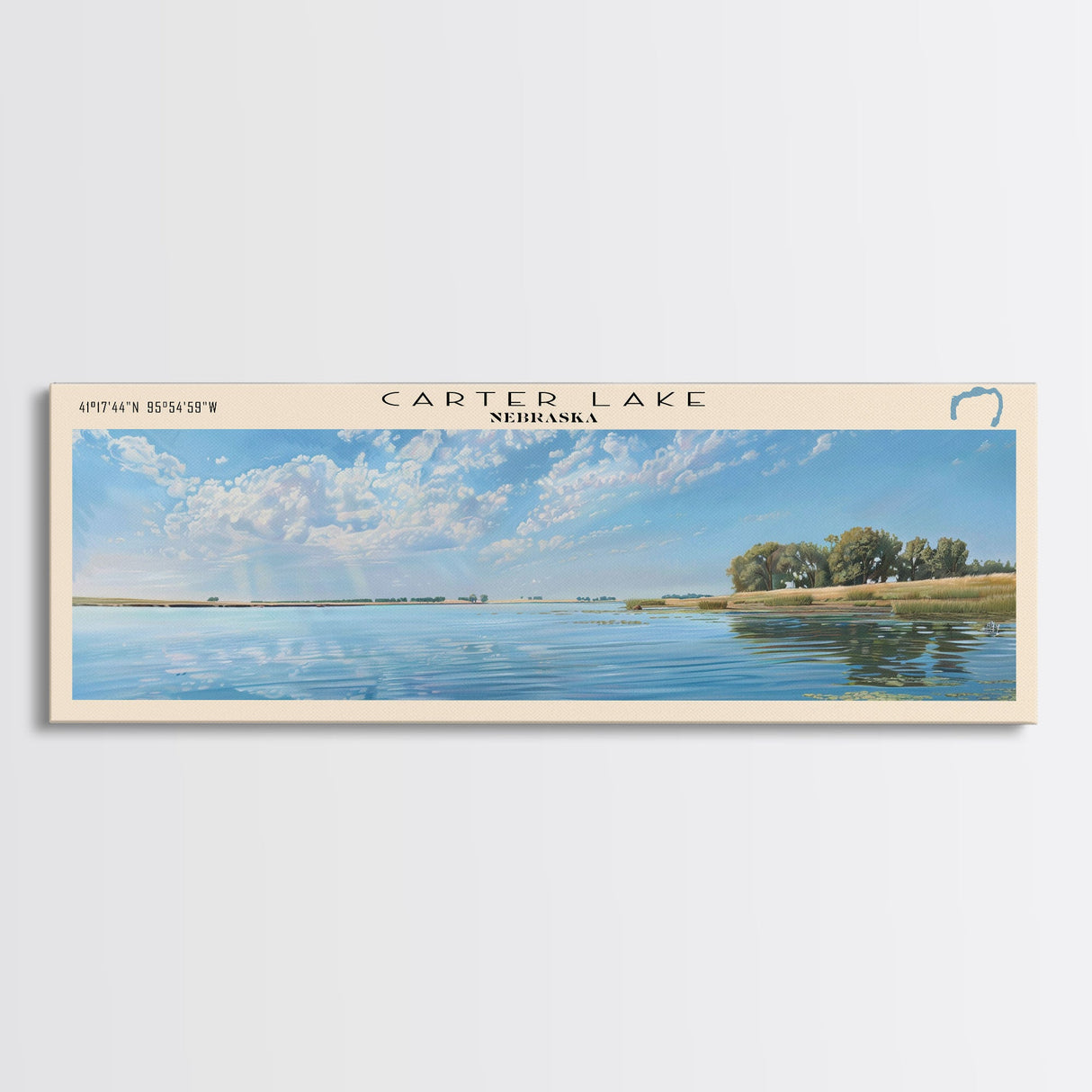 Carter Lake Nebraska Framed Canvas Print, Lake House Art, Panoramic Wall Art, Travel Poster, Modern Lake Painting, Home Decor