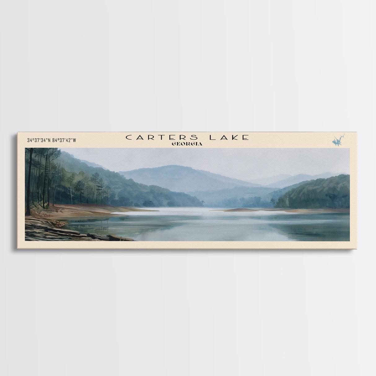 Carters Lake Georgia Framed Canvas Print, Panoramic Lake House Decor, Wall Art, Travel Poster, Rustic Lake Painting, Nature Art