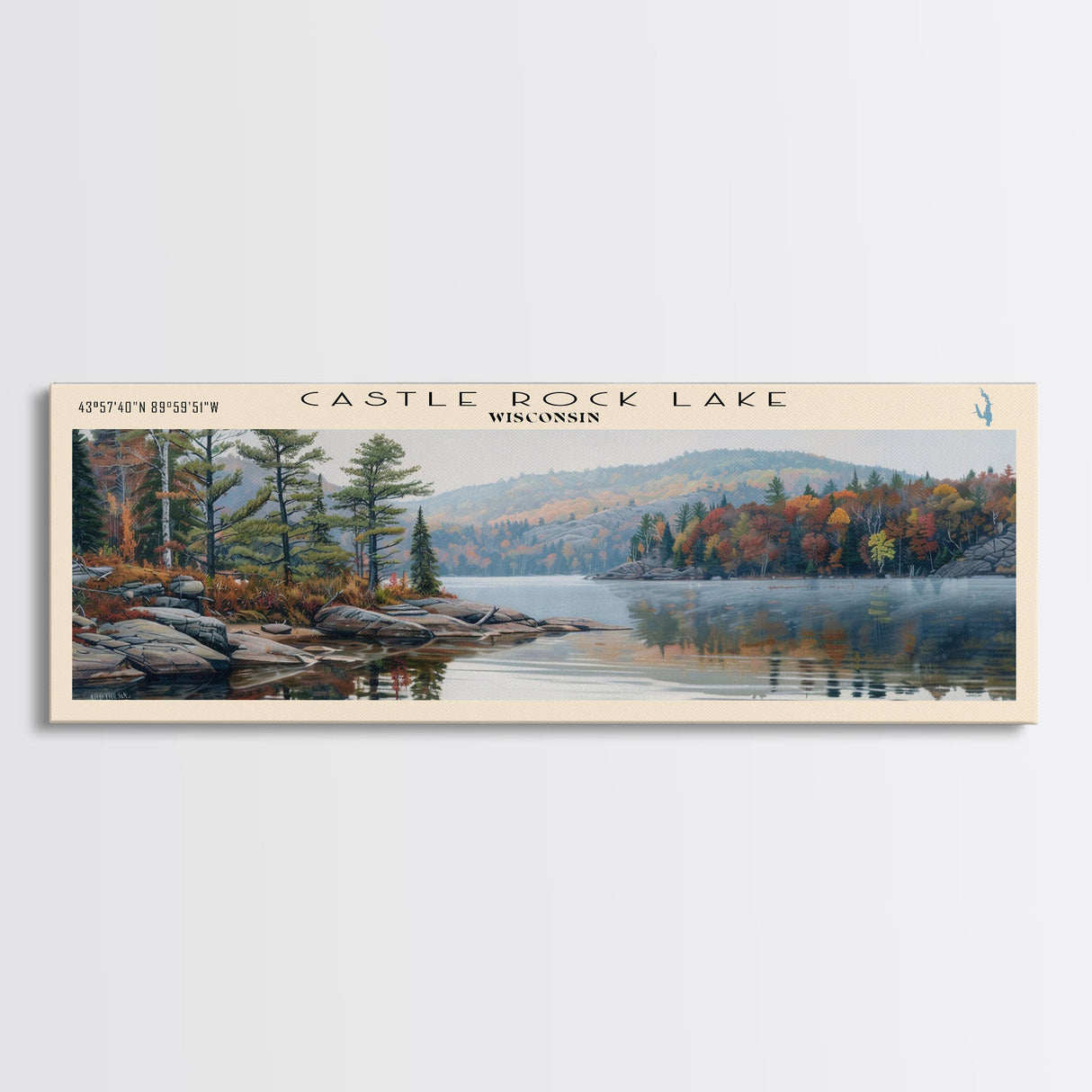 Castle Rock Lake Wisconsin Framed Canvas Print, Lake House Art, Panoramic Wall Art, Travel Poster, Modern Lake Painting, Home Decor