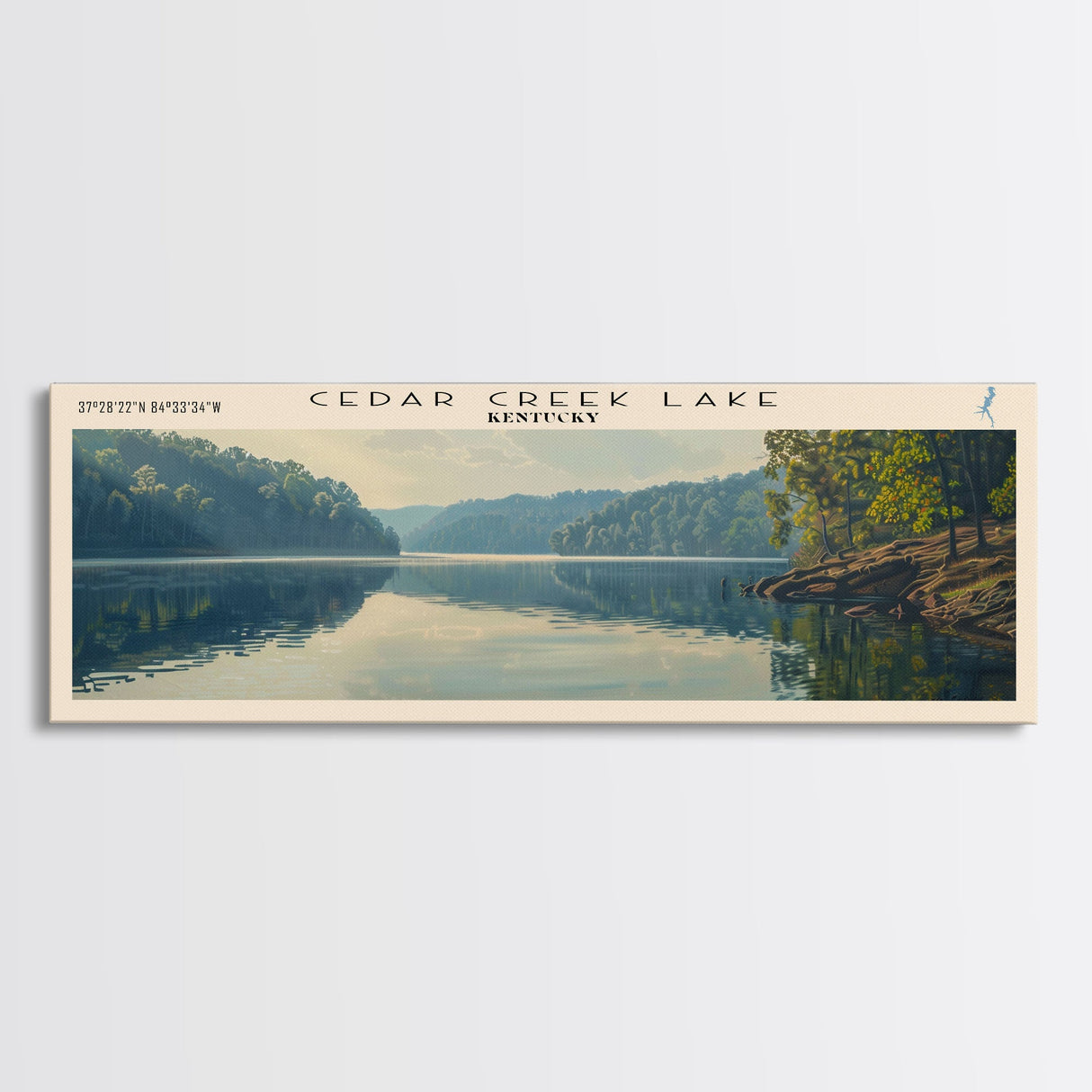 Cedar Creek Lake Kentucky Framed Canvas Print, Panoramic Lake House Decor, Wide Wall Art, Travel Poster, Rustic Lake Painting, Nature Art