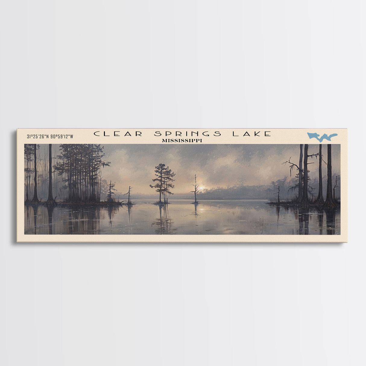 Clear Springs Lake Mississippi Framed Canvas Print, Panoramic Lake House Decor, Wide Wall Art, Travel Poster, Modern Lake Painting, Nature Art