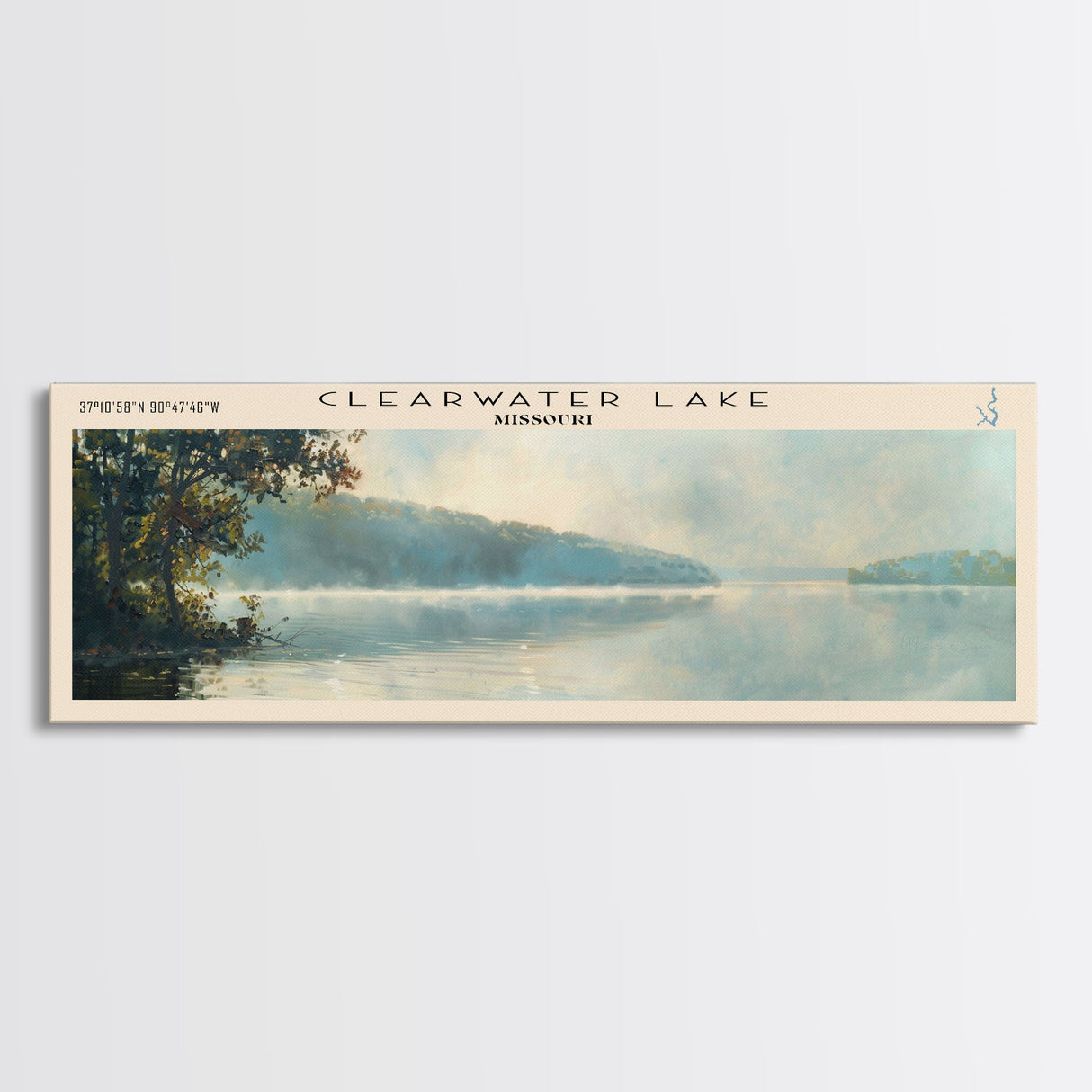 Clearwater Lake Framed Canvas Print, Lake House Art, Panoramic Travel Poster, Wide Wall Art, Modern Lake Painting, Home Decor