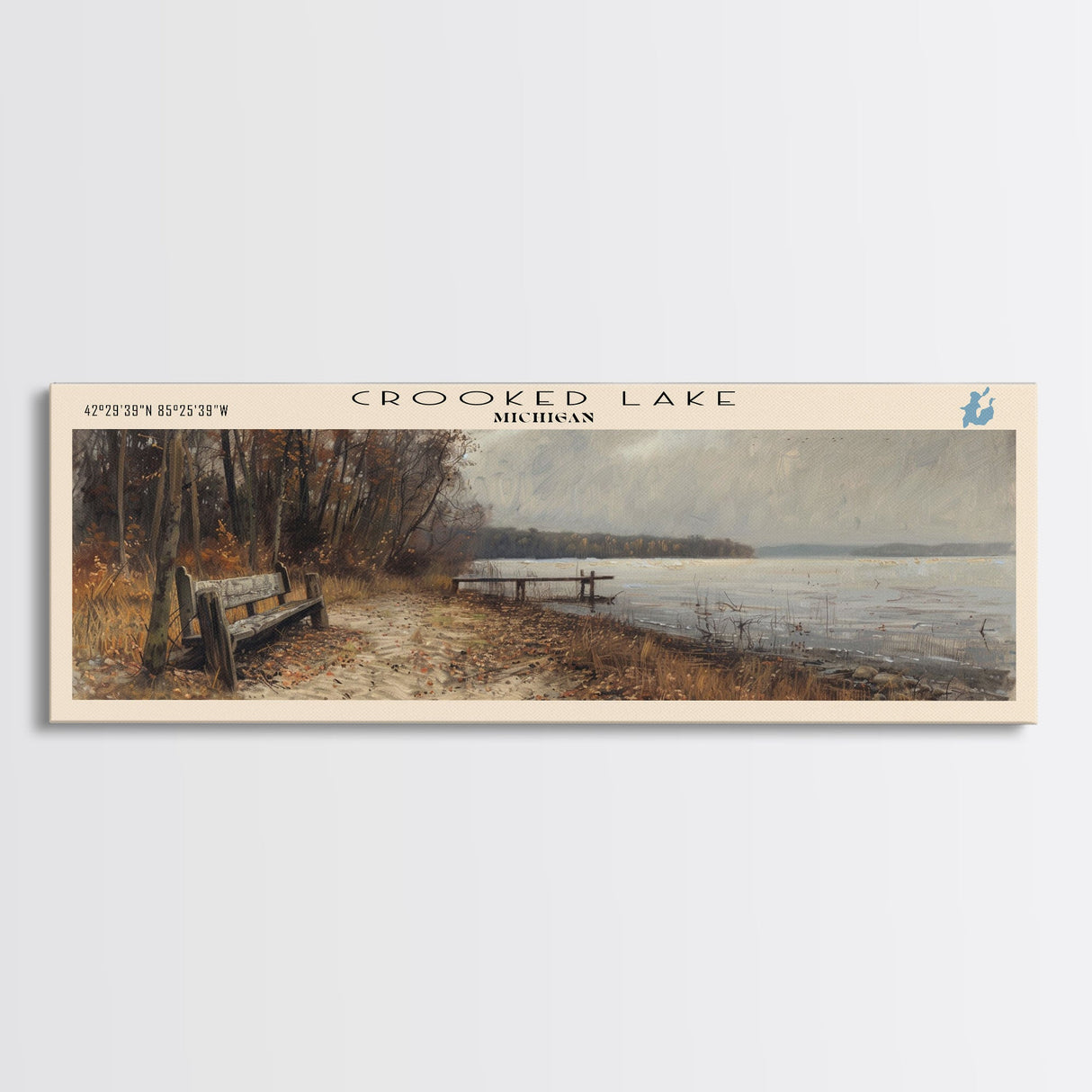 Crooked Lake Michigan Framed Canvas Print, Lake House Art, Panoramic Wall Art, Travel Poster, Minimalist Lake Painting, Home Decor