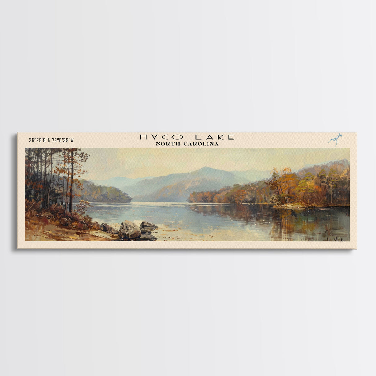 Hyco Lake North Carolina Framed Canvas Print, Lake House Art, Panoramic Wall Art, Travel Poster, Scenic Lake Painting, Home Decor