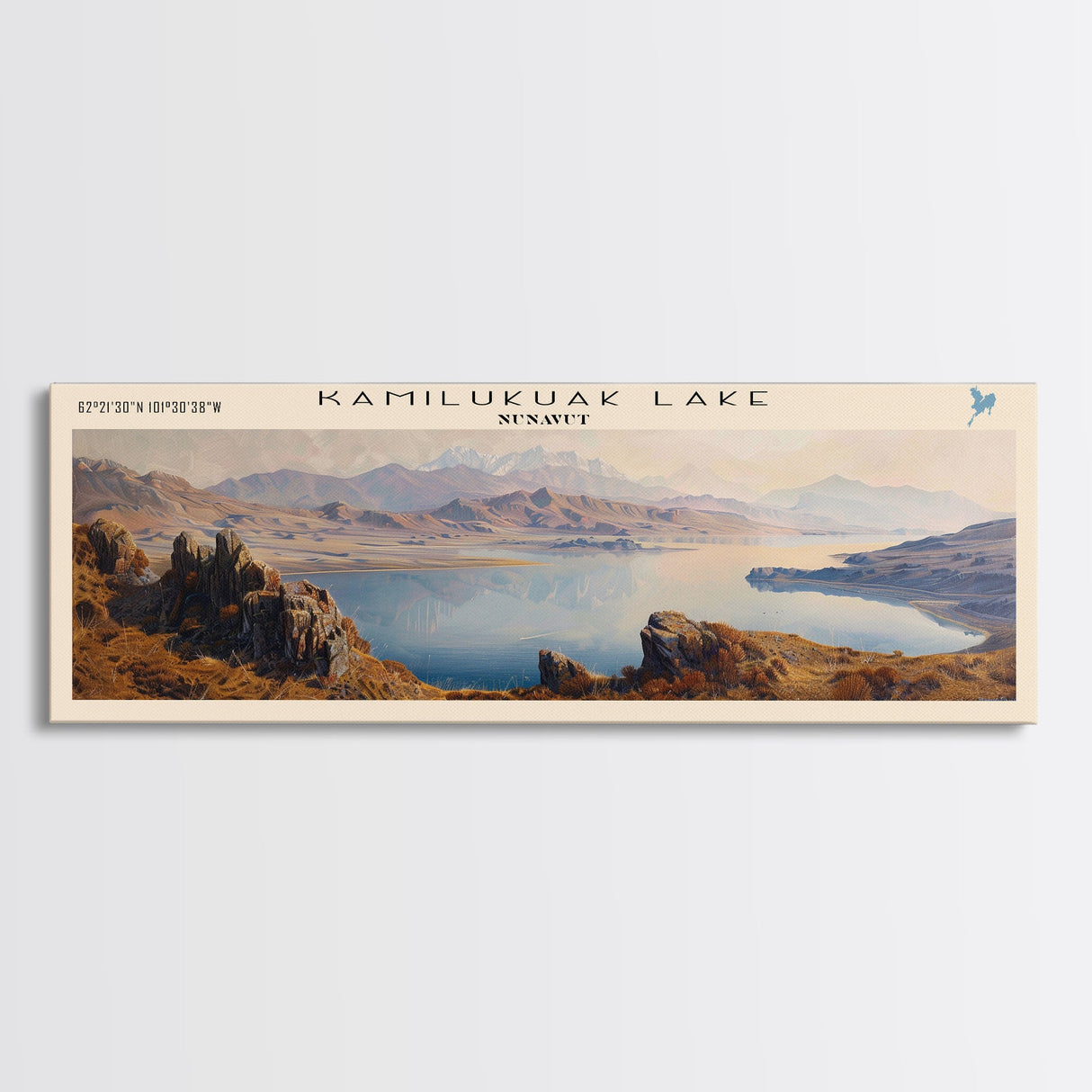 Kamilukuak Lake Framed Canvas Print, Lake House Decor, Panoramic Wall Art, Travel Poster, Captivating Lake Painting, Nature Art