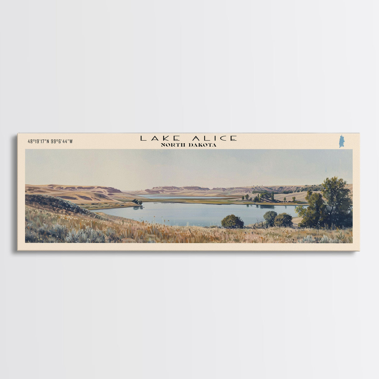 Lake Alice North Dakota Framed Canvas Print, Panoramic Lake House Decor, Wall Art, Travel Poster, Scenic Lake Painting, Nature Art