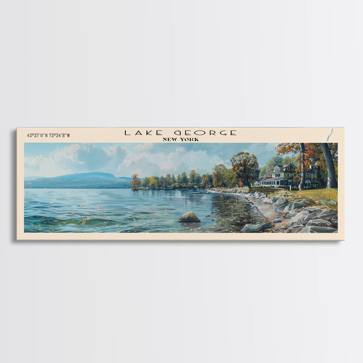 Lake George New York Framed Canvas Print, Lake House Decor, Panoramic Wall Art, Travel Poster, Stunning Landscape Painting, Home Art