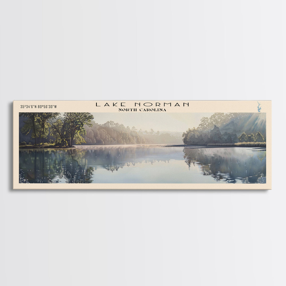 Lake Norman North Carolina Framed Canvas Print, Lake House Decor, Panoramic Wall Art, Travel Poster, Scenic Landscape Painting, Contemporary Art