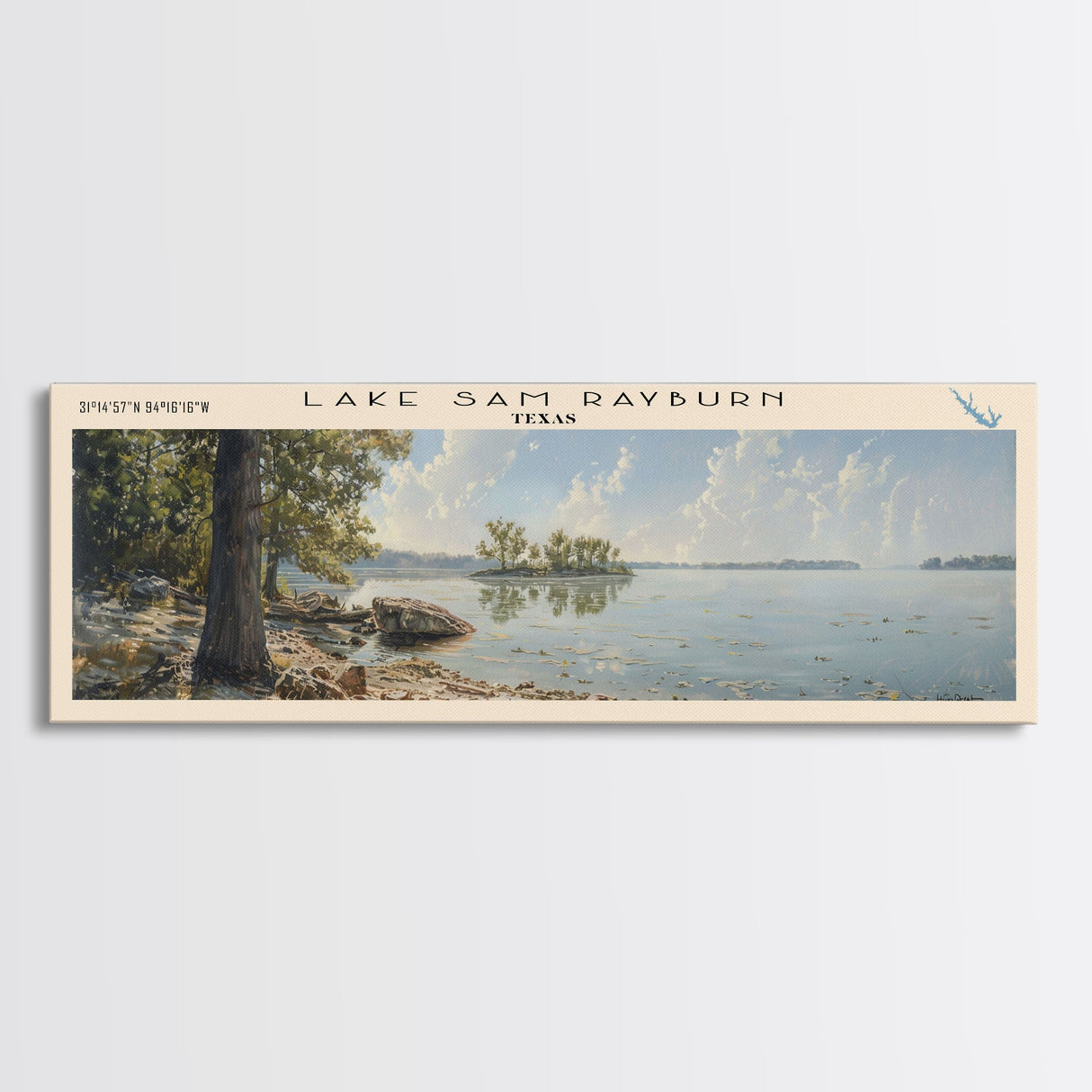 Lake Sam Rayburn, Boho Art, Serene Landscape, Travel Poster Art, Wall Art, Home Decor, Nature Scene, Lake Painting, Minimalist Art, Rustic Art, Travel Print, Framed Canvas Print, Lake House Decor, Panoramic Print
