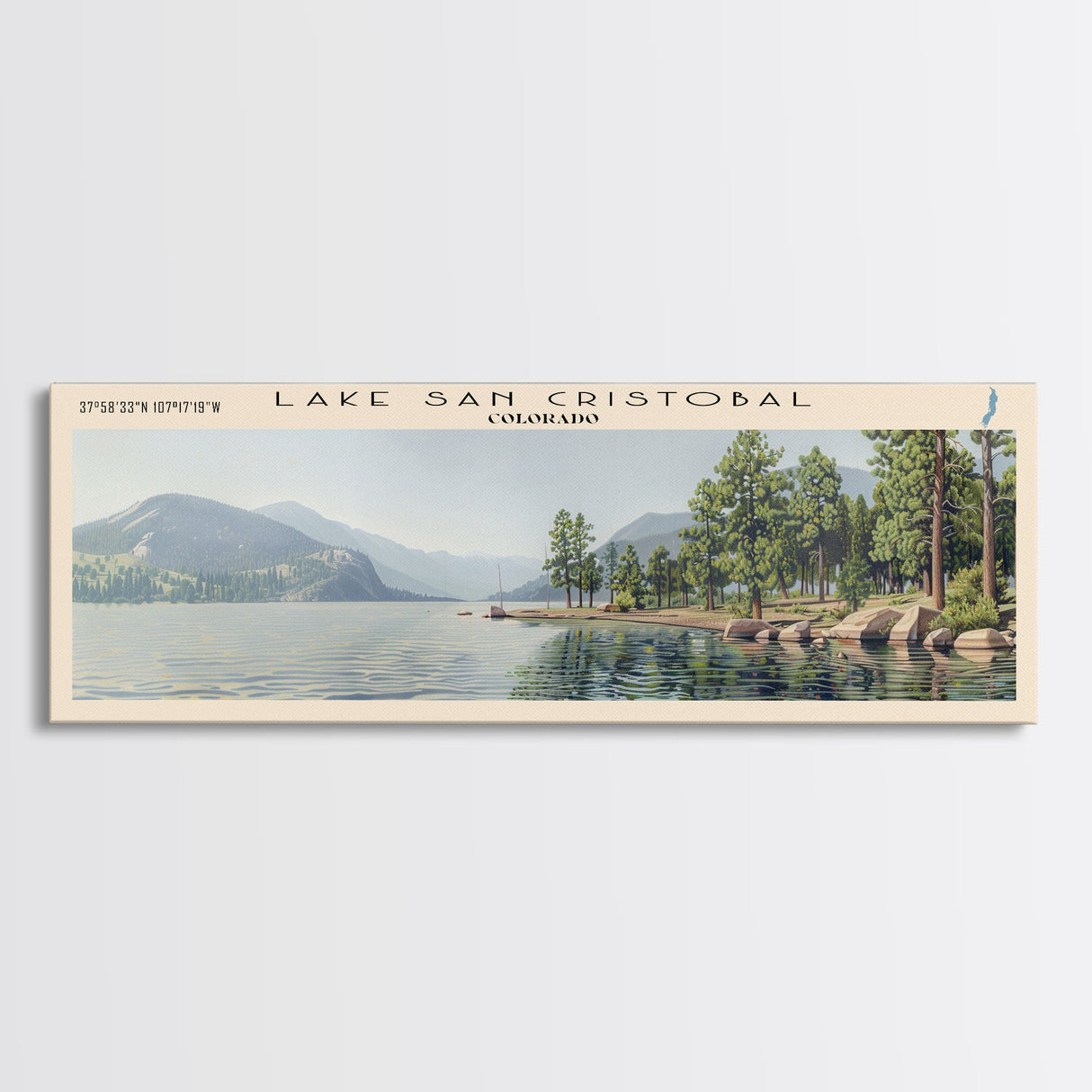 Lake San Cristobal, Boho Art, Beautiful Landscape, Travel Poster Art, Wall Art, Home Decor, Nature Scene, Lake Painting, Minimalist Art, Living Room Decor, Travel Print, Framed Canvas Print, Lake House Decor, Panoramic Print