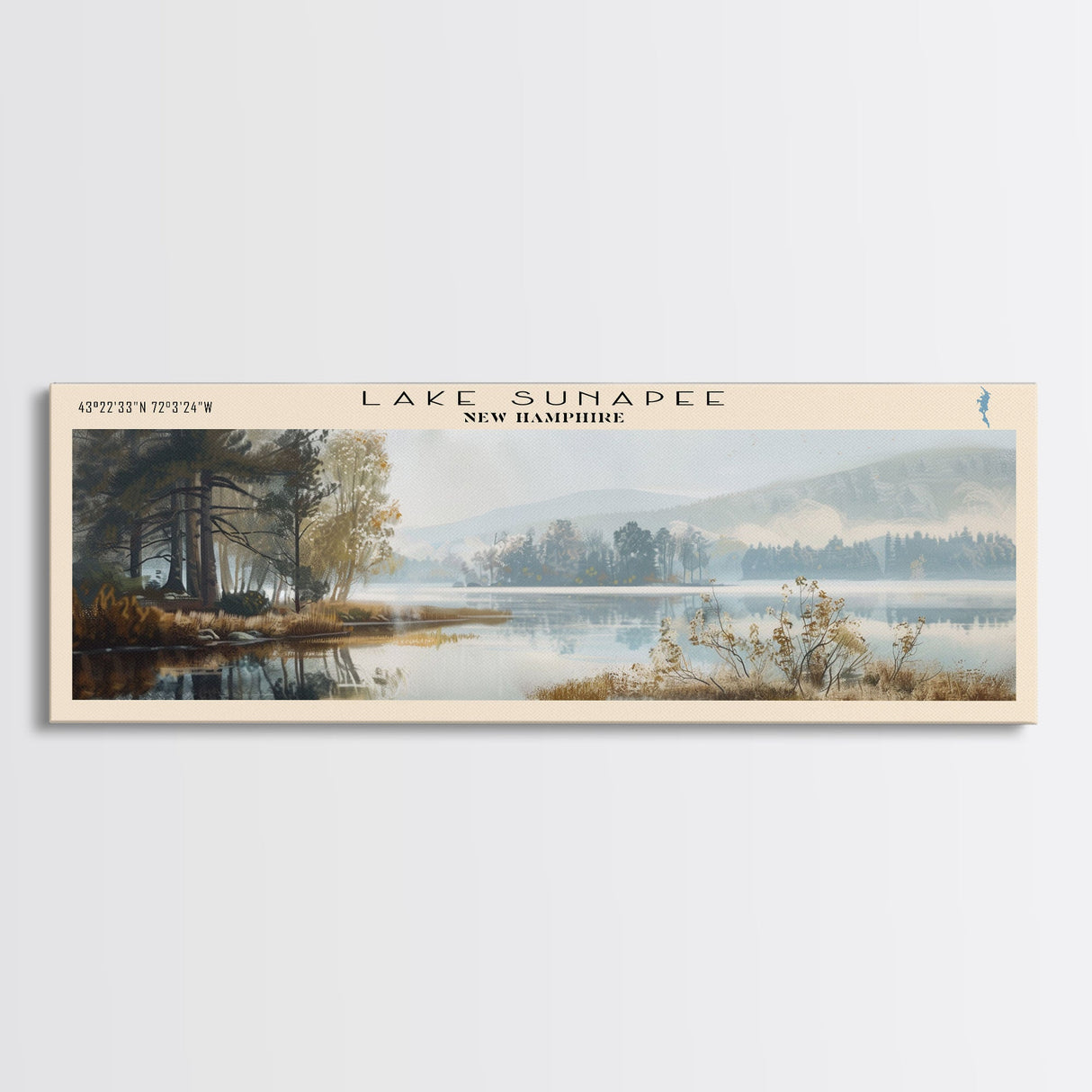 Lake Sunapee New Hampshire Framed Canvas Print, Lake House Decor, Panoramic Wall Art, Travel Poster, Scenic Landscape Painting, Living Room Decor