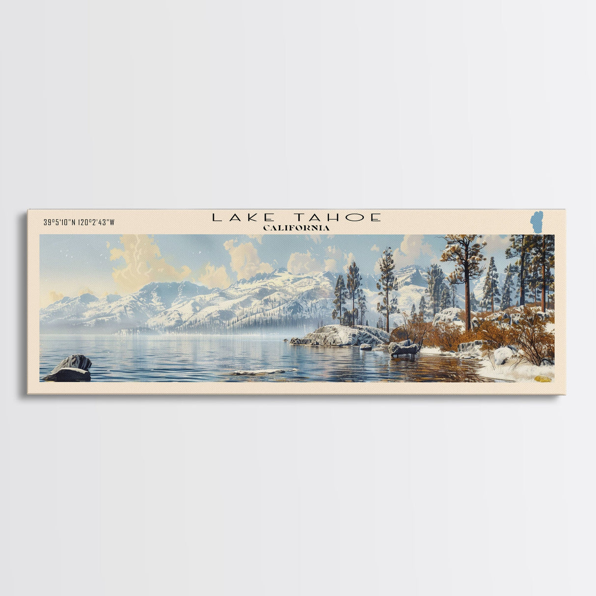 Lake Tahoe Framed Canvas Print, Lake House Decor, Panoramic Wall Art, Travel Poster, Stunning Landscape Painting, Contemporary Art