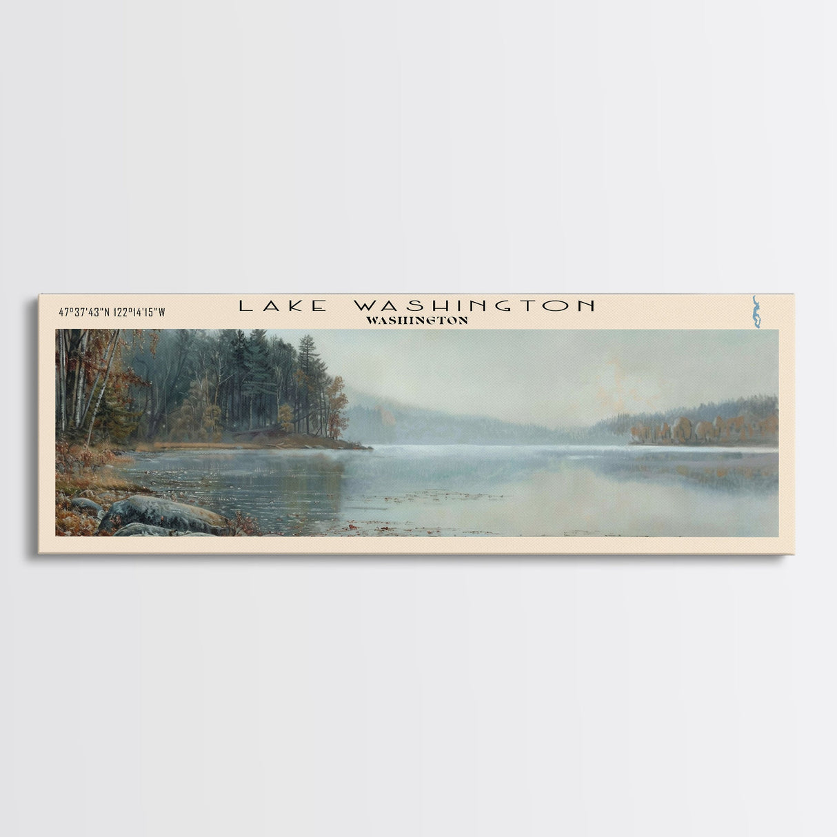 Lake Washington Washington Framed Canvas Print, Lake House Decor, Panoramic Wall Art, Travel Poster, Landscape Painting, Living Room Decor