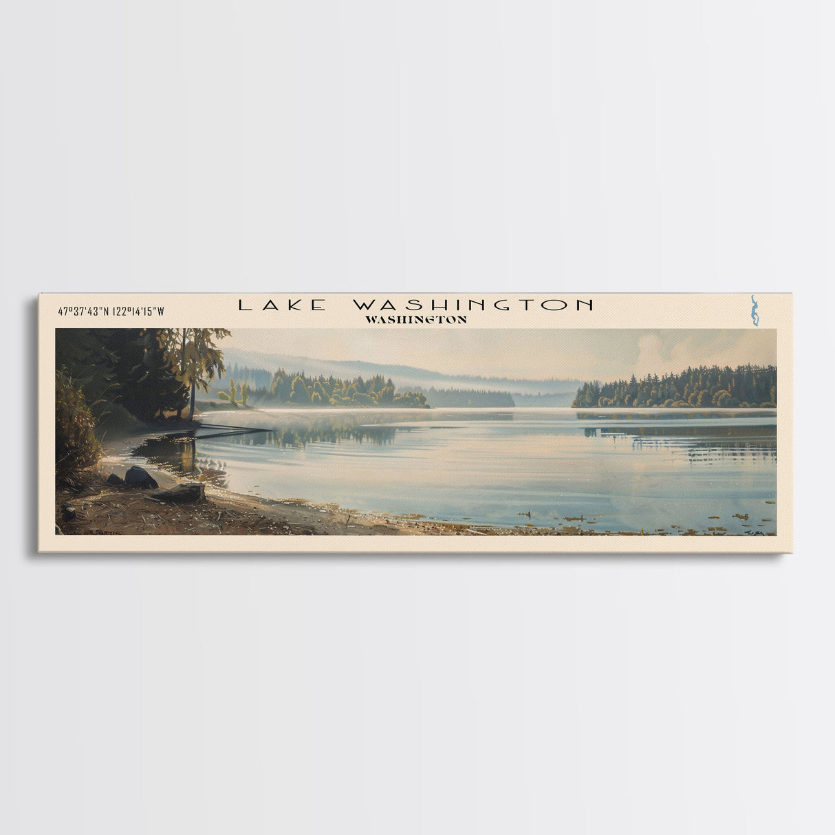 Lake Washington Framed Canvas Print, Lake House Decor, Panoramic Wall Art, Travel Poster, Scenic Landscape Painting, Bedroom Decor
