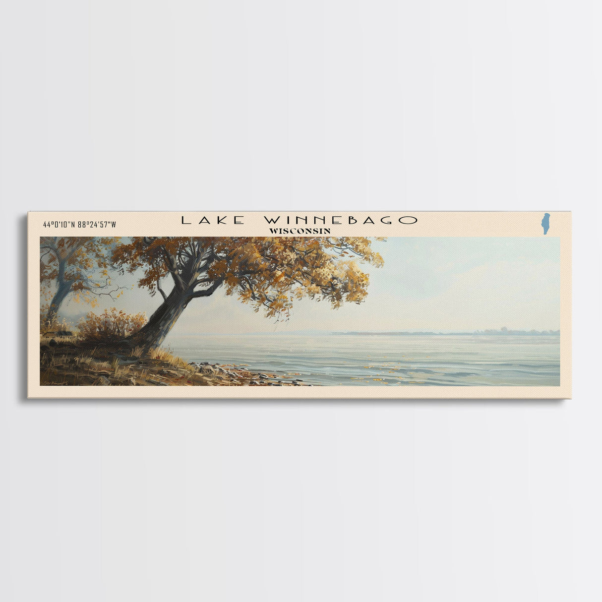 Lake Winnebago Framed Canvas Print, Lake House Decor, Panoramic Wall Art, Travel Poster, Beautiful Landscape Painting, Living Room Decor