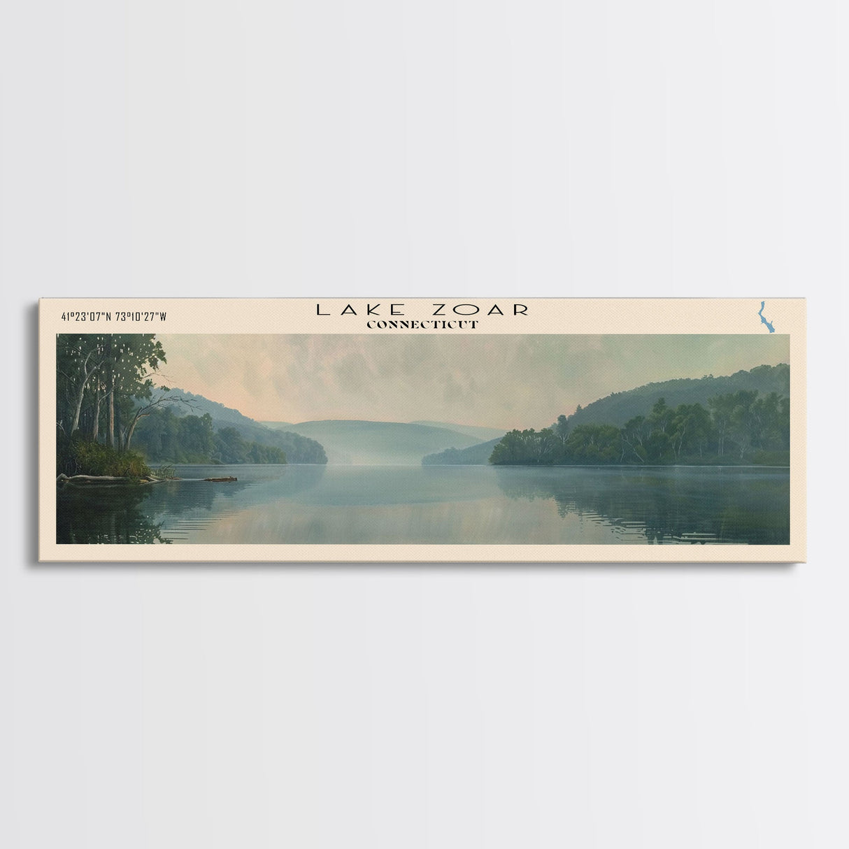 Lake Zoar Connecticut Framed Canvas Print, Lake House Decor, Panoramic Wall Art, Travel Poster, Landscape Painting, Living Room Decor
