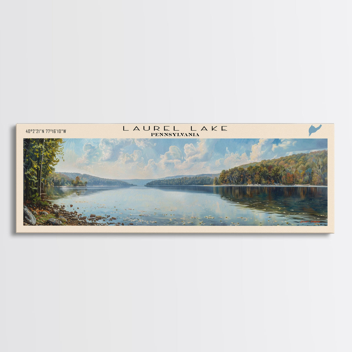 Laurel Lake Pennsylvania Framed Canvas Print, Lake House Decor, Panoramic Wall Art, Travel Poster, Landscape Painting, Bedroom Decor