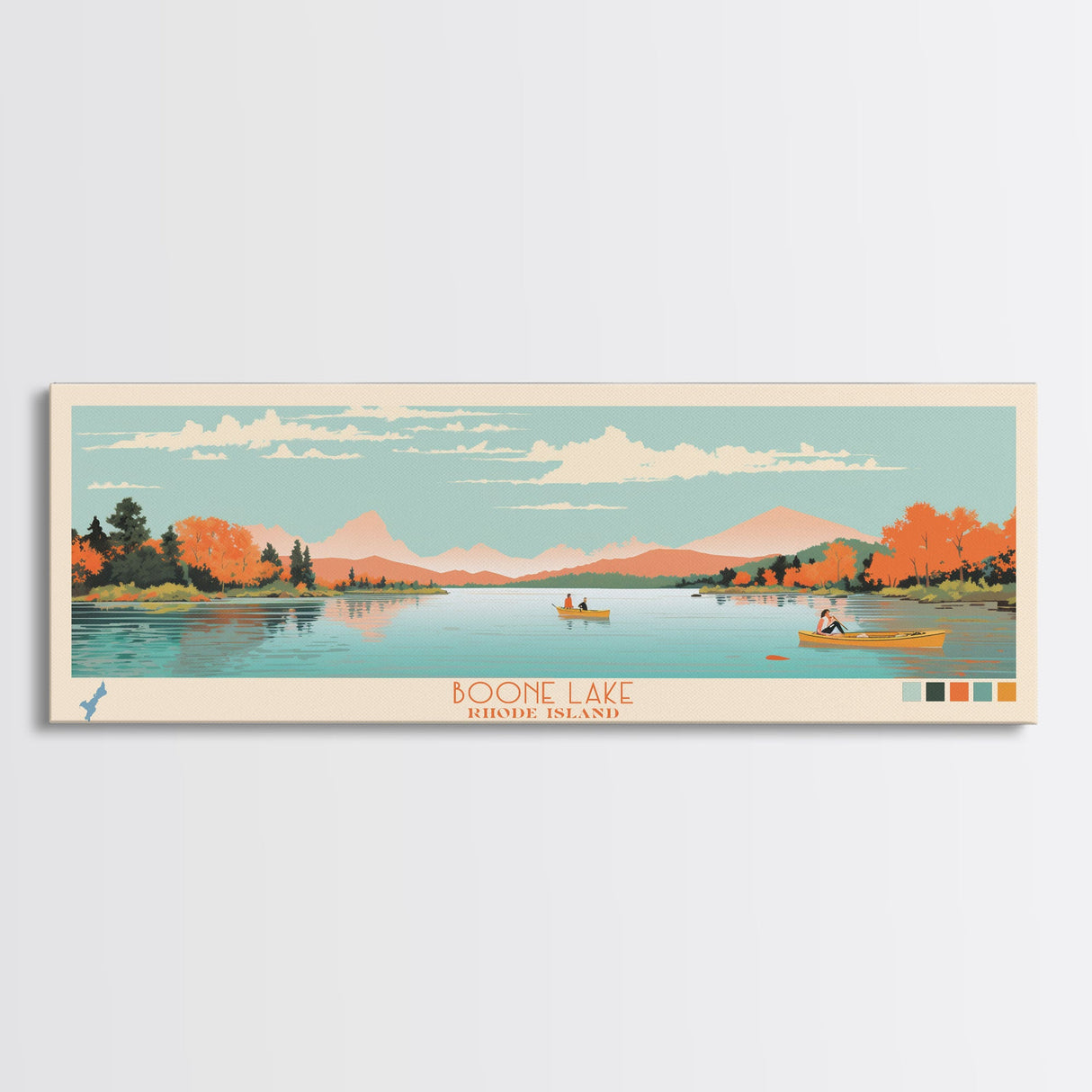 Boone Lake Rhode Island Framed Canvas Print, Panoramic Travel Poster, Midcentury Modern Wall Art, Pop Art, Nature Bedroom Decor, Scenic Lake House Art