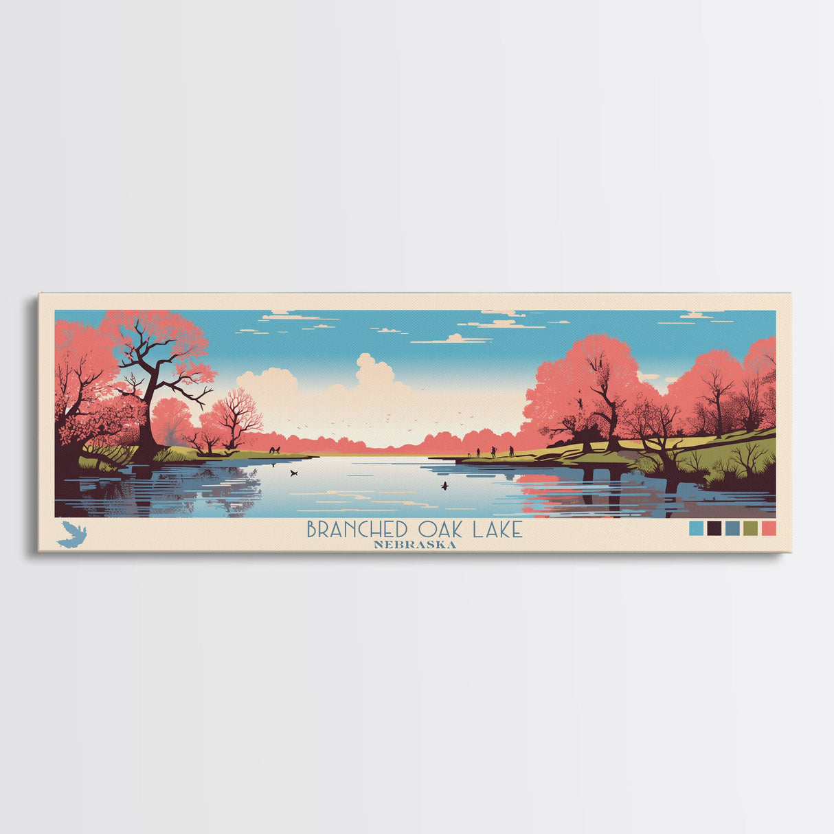 Branched Oak Lake Nebraska Framed Canvas Print, Pop Art Panoramic Travel Poster, Bedroom Decor, Midcentury Modern, Wall Art, Scenic Lake House