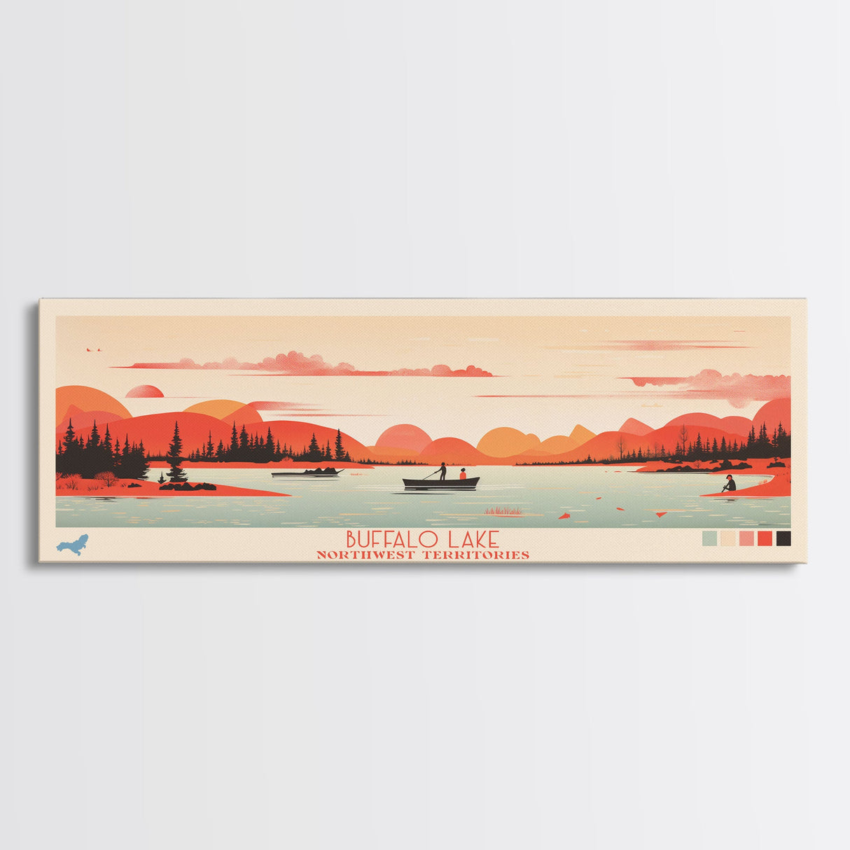 Buffalo Lake Northwest Territories Framed Canvas Print, Pop Art Panoramic Travel Poster, Midcentury Modern, Wall Art, Scenic Nature Painting, Bedroom Decor