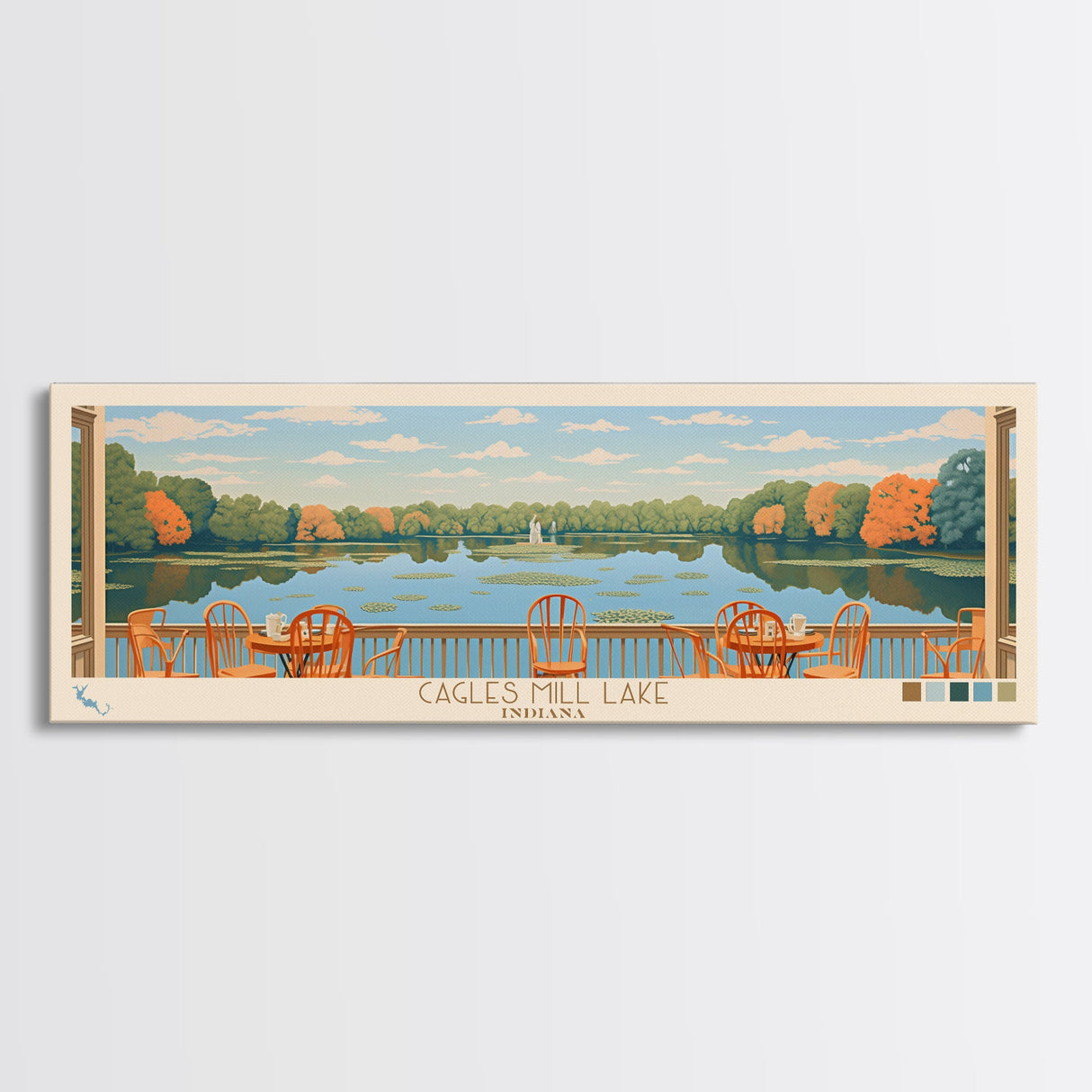 Cagles Mill Lake Indiana Framed Canvas Print, Midcentury Modern Panoramic Wall Art, Living Room Decor, Pop Art, Travel Poster Art, Scenic Nature Painting