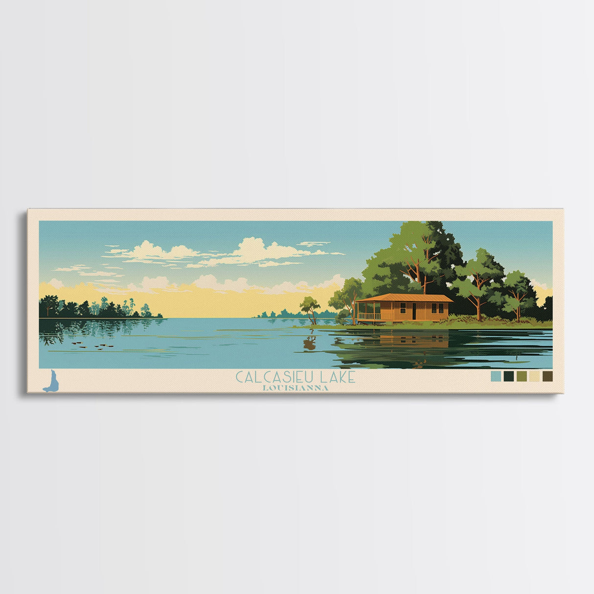 Calcasieu Lake Louisianna Framed Canvas Print, Pop Art Panoramic Travel Poster, Midcentury Modern, Wall Art, Scenic Nature Painting, Bedroom Decor