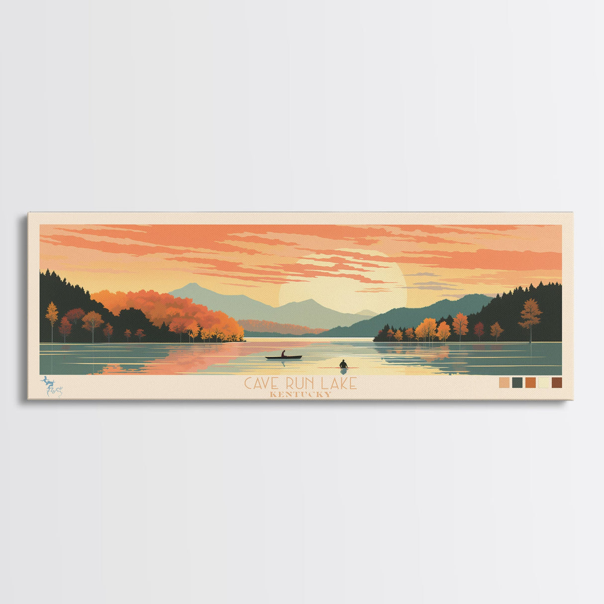 Cave Run Lake Kentucky Framed Canvas Print, Midcentury Modern Panoramic Wall Art, Living Room Decor, Pop Art, Travel Poster Art, Nature Art, Lake House Decor