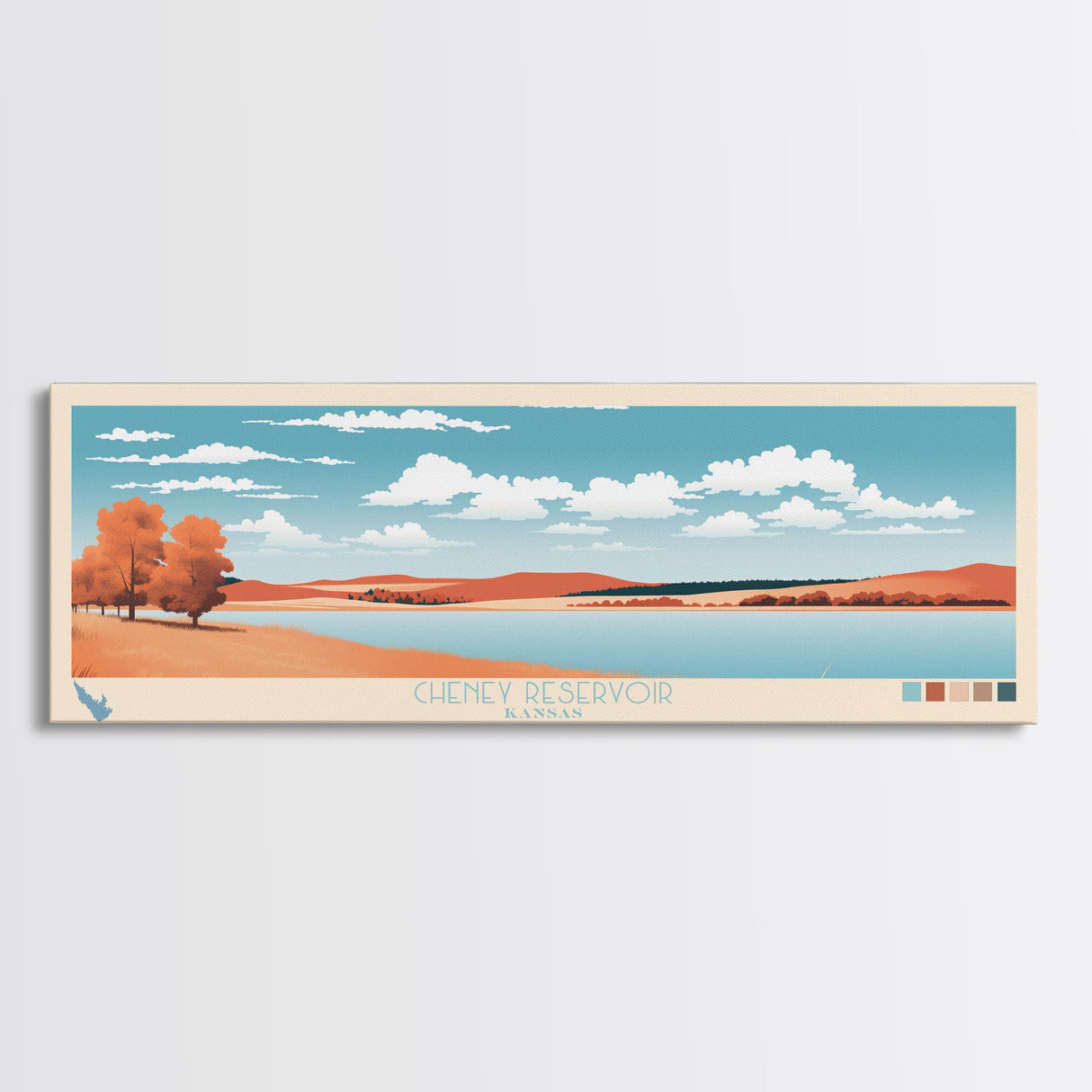 Cheney Reservoir Kansas Framed Canvas Print, Midcentury Modern Panoramic Wall Art, Living Room Decor, Pop Art, Travel Poster Art, Scenic Nature Painting, Lake House Decor