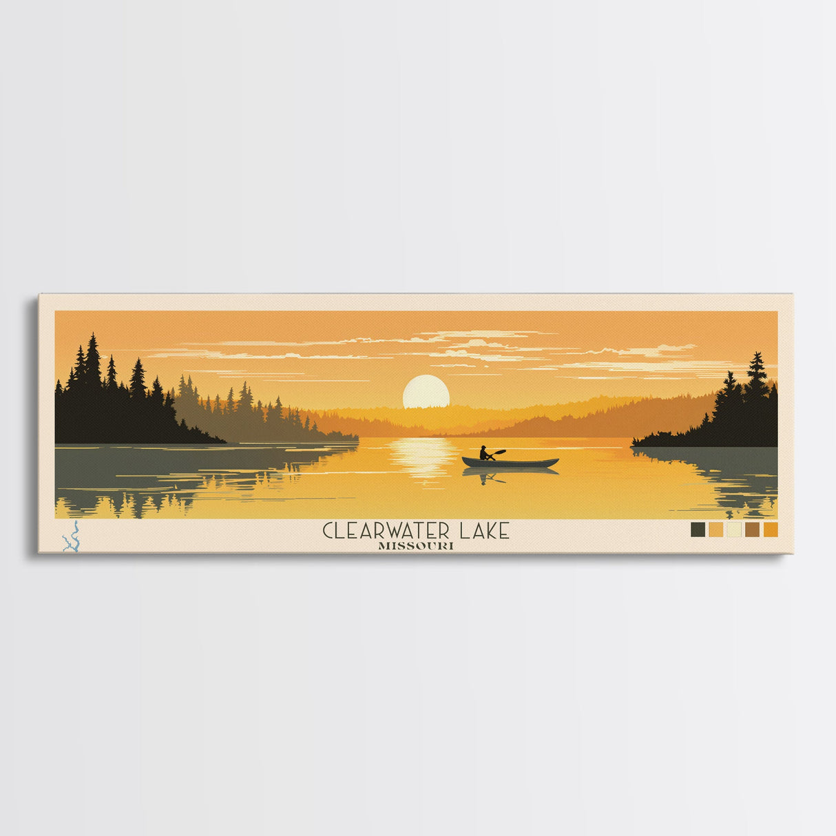 Clearwater Lake Missouri Framed Canvas Print, Pop Art Panoramic Travel Poster, Midcentury Modern, Wall Art, Scenic Nature Painting, Bedroom Decor, Living Room Art