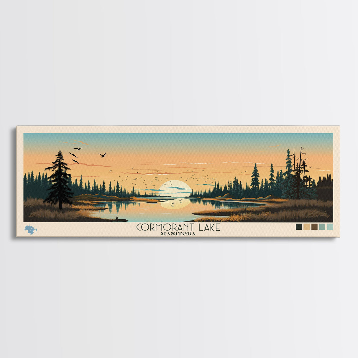 Cormorant Lake Manitoba Framed Canvas Print, Pop Art Panoramic Travel Poster, Midcentury Modern, Wall Art, Scenic Nature Painting, Bedroom Decor, Living Room Art