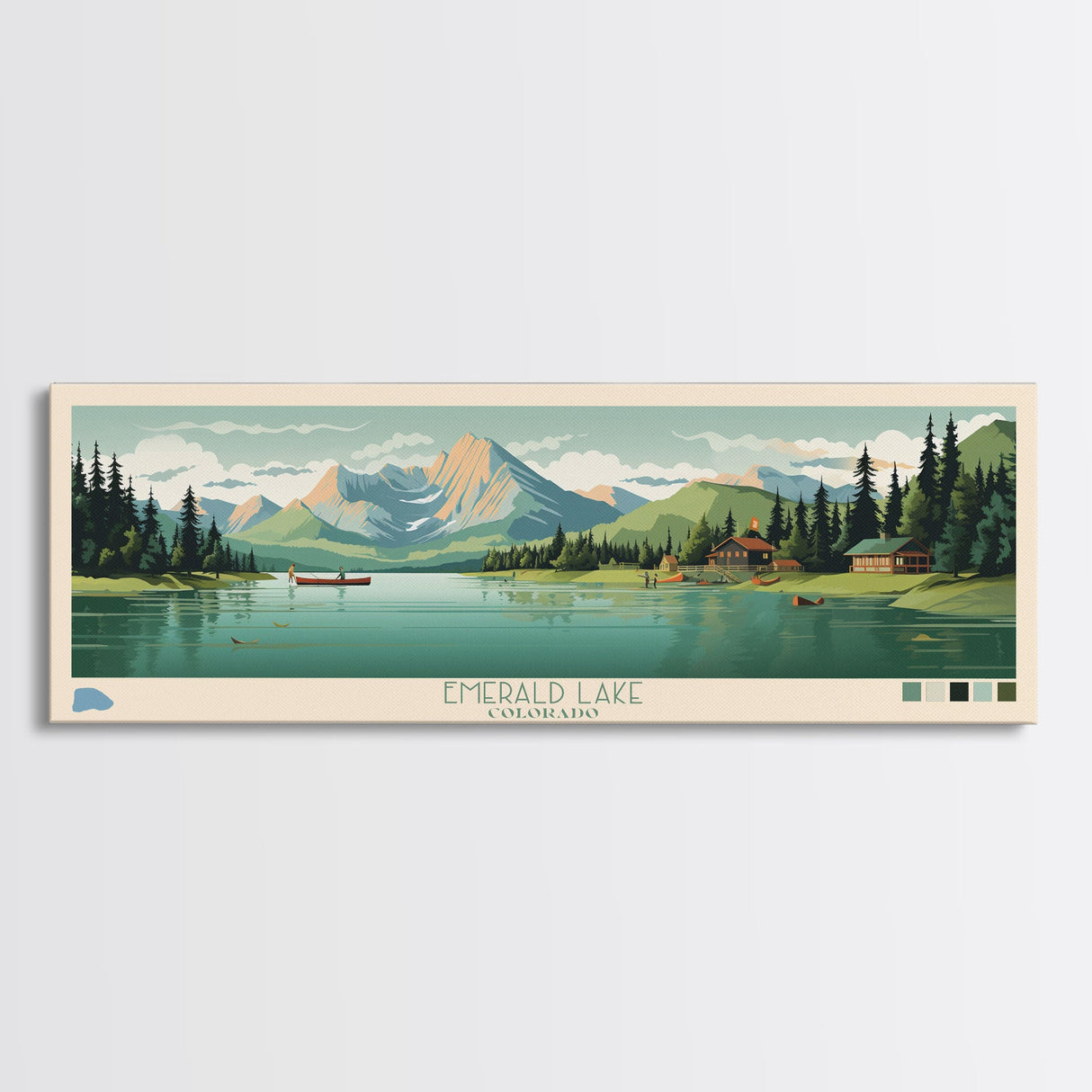 Emerald Lake Colorado Framed Canvas Print, Panoramic Art, Midcentury Modern, Pop Art, Living Room Wall Art, Travel Poster, Lake Art