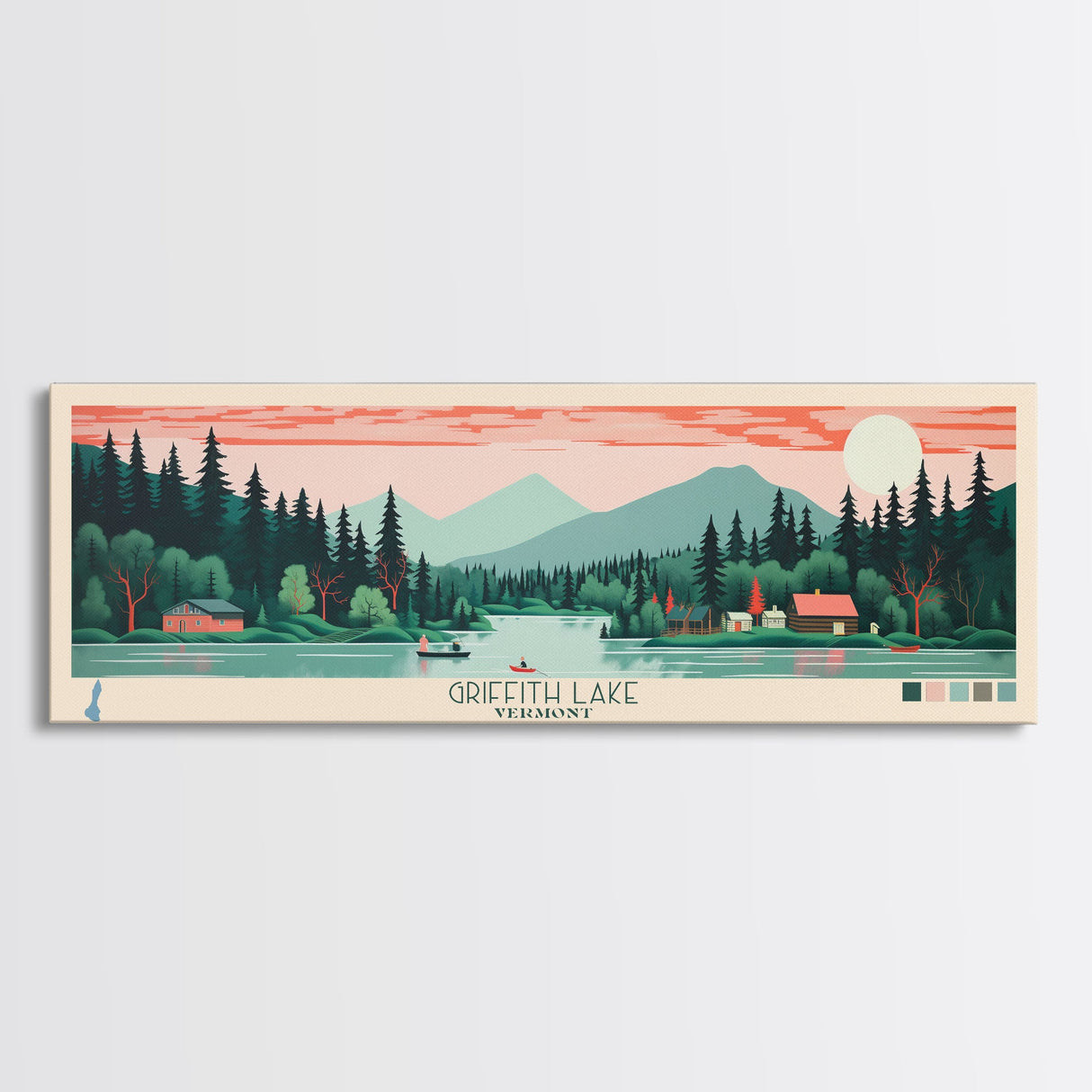 Griffith Lake Vermont2 Framed Canvas Print, Panoramic Art, Midcentury Modern, Pop Art, Bedroom Decor, Travel Poster, Artistic Decor, Home Decor