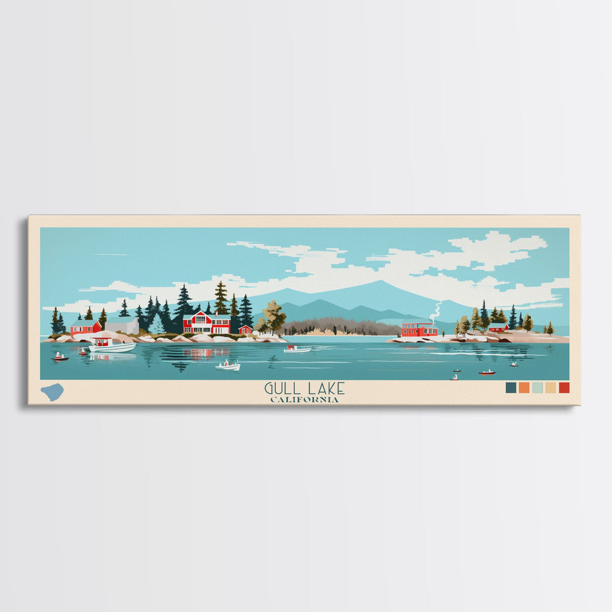 Gull Lake California Framed Canvas Print, Panoramic Art, Midcentury Modern, Pop Art, Bedroom Decor, Travel Poster, Lake View, Artistic Decor
