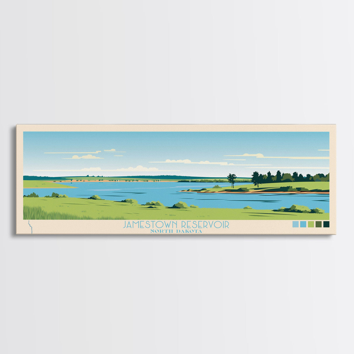 Jamestown Reservoir North Dakota Framed Canvas Print, Panoramic Art, Midcentury Modern, Pop Art, Living Room Decor, Travel Poster, Artistic Home Decor