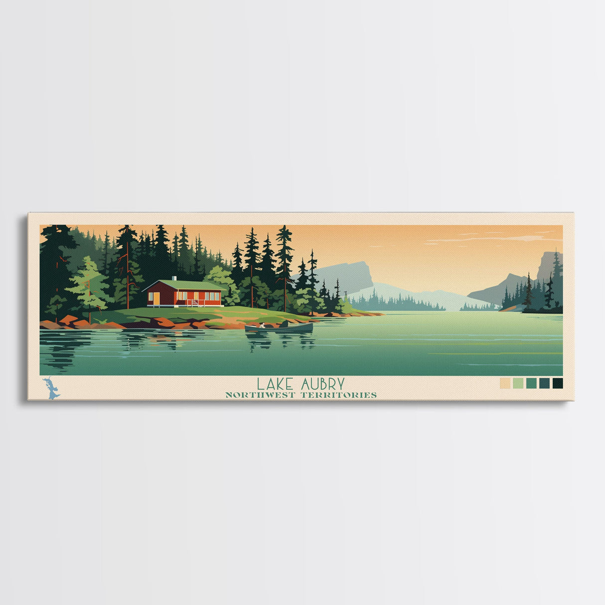 Lake Aubry Northwest Territories Framed Canvas Print, Panoramic Art, Midcentury Modern, Pop Art, Living Room Wall Art, Travel Poster, Lake House Decor