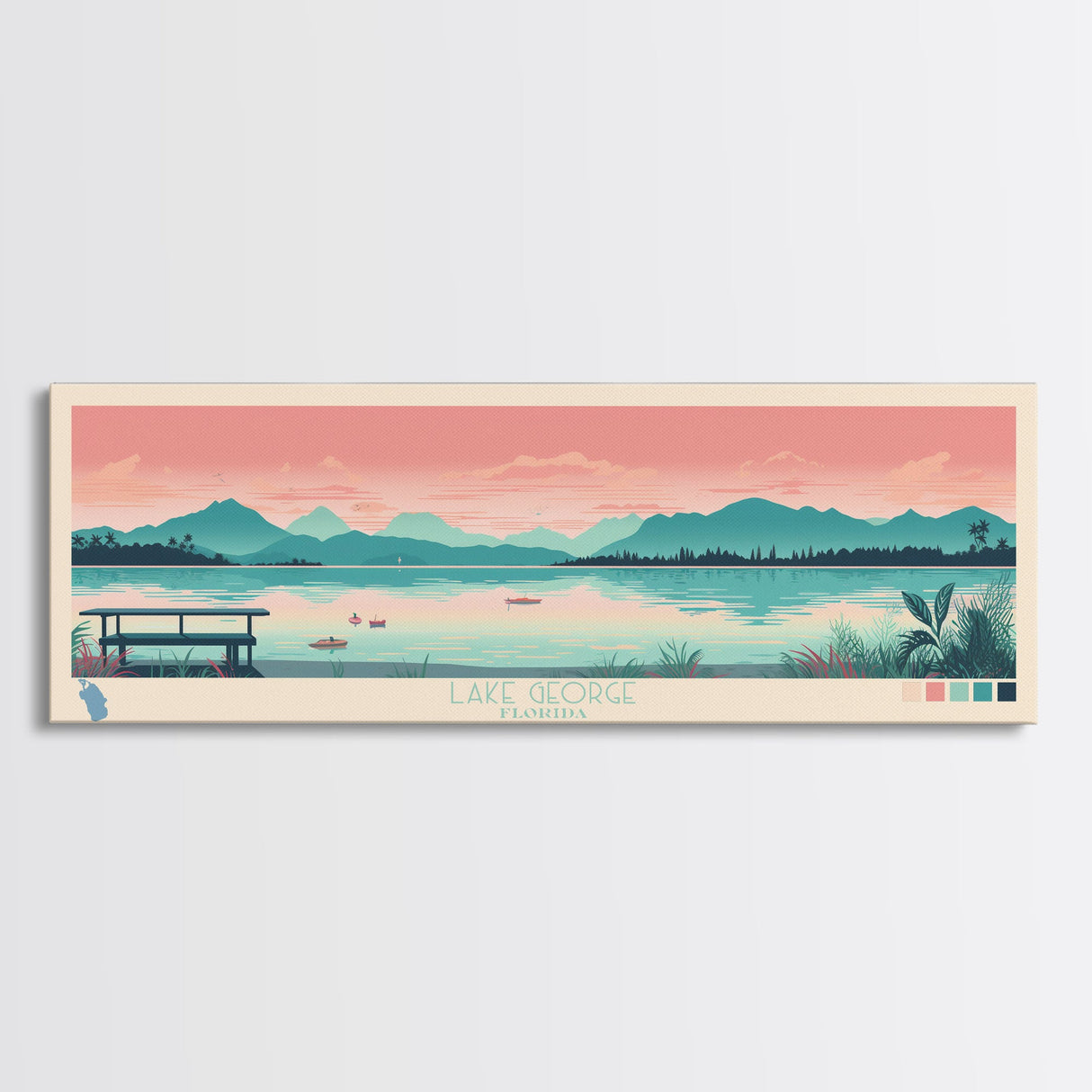 Lake George Florida Framed Canvas Print, Panoramic Wall Art, Midcentury Modern, Pop Art, Bedroom Decor, Travel Poster, Living Room Art