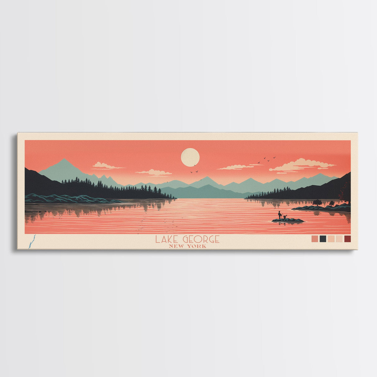 Lake George New York Framed Canvas Print, Panoramic Art, Midcentury Modern, Pop Art, Living Room Wall Art, Travel Poster, Lake House Decor