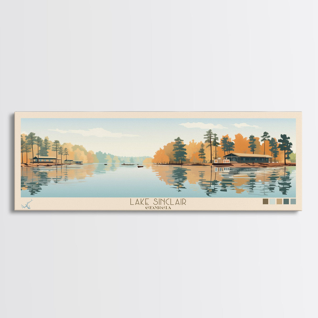 Lake Sinclair Georgia Framed Canvas Print, Panoramic Wall Art, Midcentury Modern, Pop Art, Living Room Decor, Travel Poster, Lake House Art