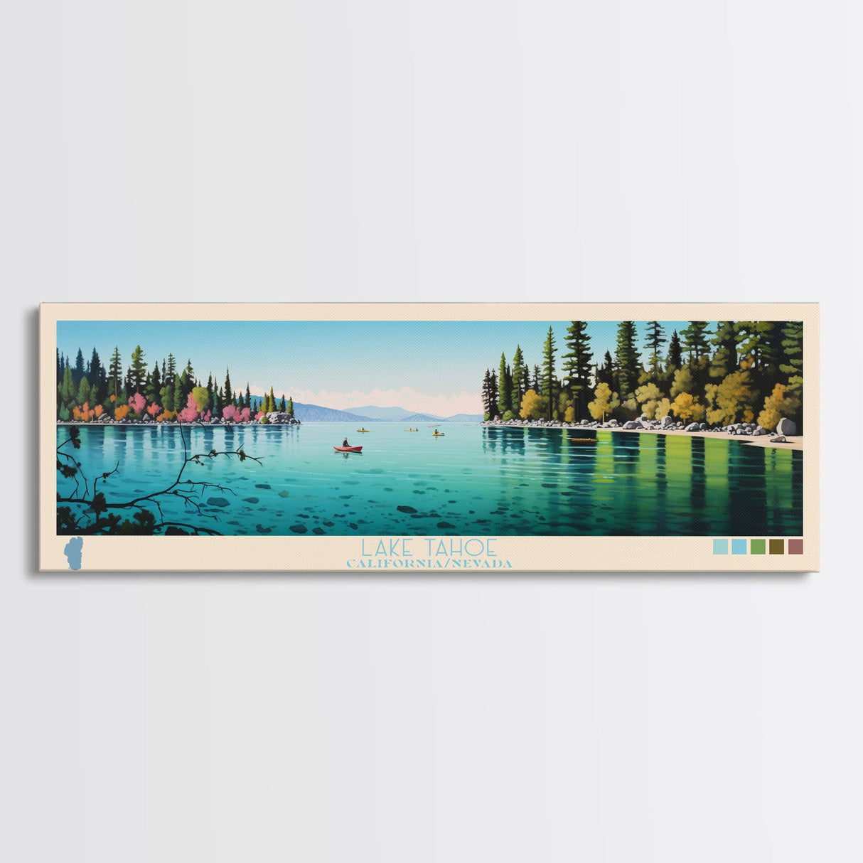 Lake Tahoe CaliforniaNevada Framed Canvas Print, Panoramic Wall Art, Midcentury Modern, Pop Art, Bedroom Art, Travel Poster, Lake House Decor