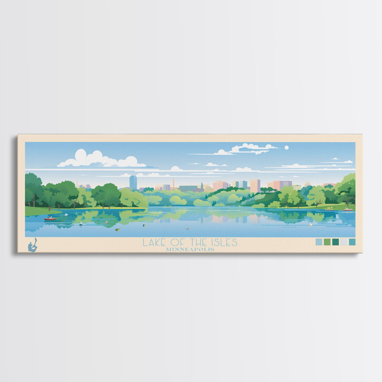Lake of the Isles Minneapolis Framed Canvas Print, Panoramic Wall Art, Midcentury Modern, Pop Art, Living Room Decor, Travel Poster, Lake House Art