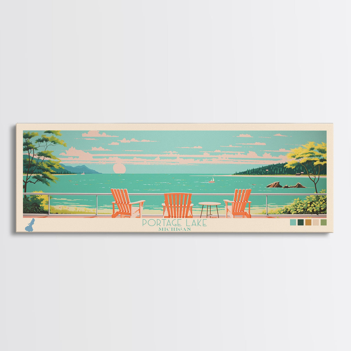 Portage Lake, Michigan Framed Canvas Print, Bedroom Art, Midcentury Modern, Pop Art, Panoramic Wall Art, Travel Poster